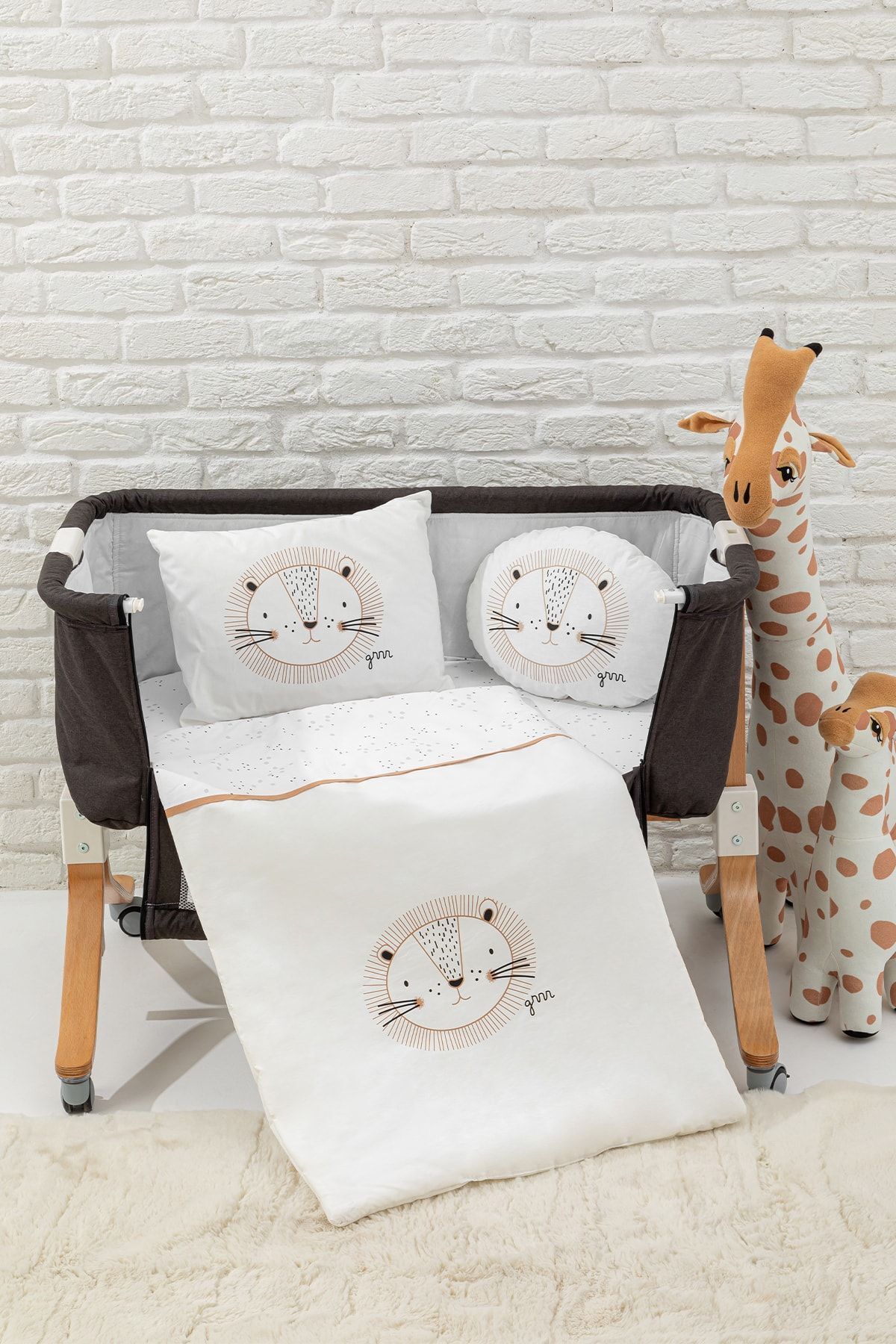 Baby Lion 5 Parça Beşik Uyku Seti, 90x60 cm Bebek Beşik Uyku Takımı -Ekru