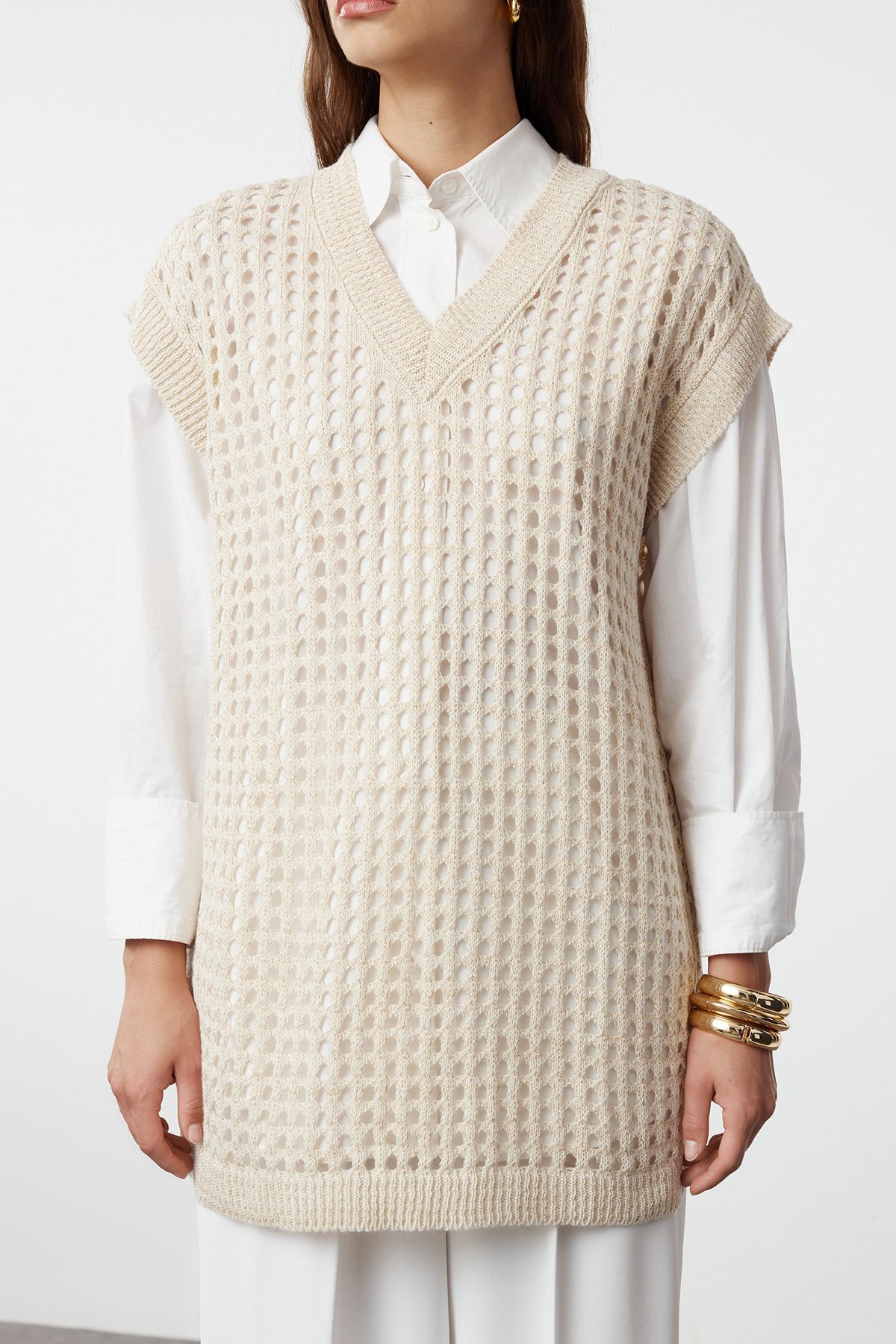Trendyol Modest-Beige Perforated Openwork Knitwear Sweater - TCTAW25UV00003 4