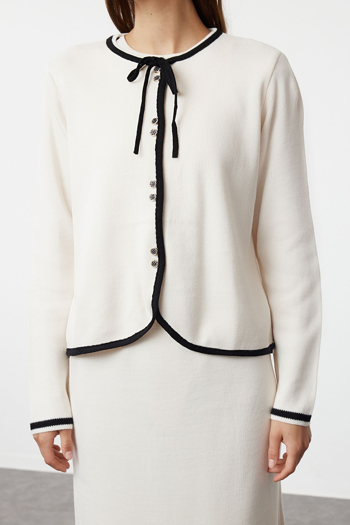Trendyol Modest-Ecru Knitwear Cardigan and Skirt Set - With Piping and Buttons, TCTAW25US00020 3