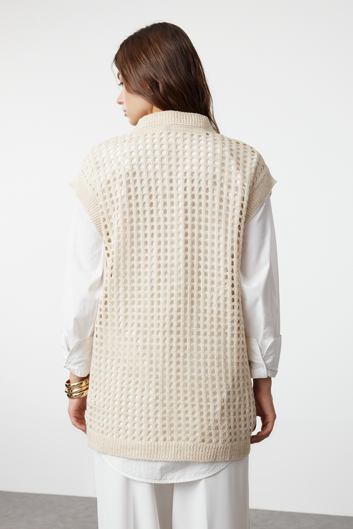 Trendyol Modest-Beige Perforated Openwork Knitwear Sweater - TCTAW25UV00003 5