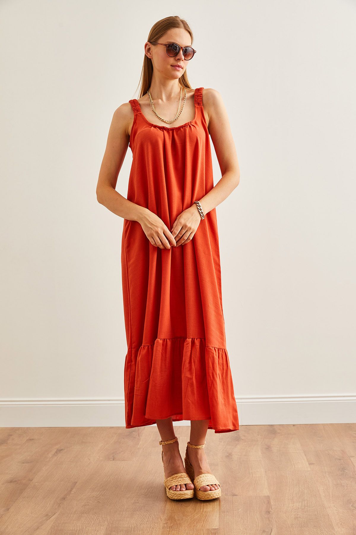 Kadın Turuncu Askılı Oversize Maxi Dokuma Elbise ELB-19002235
