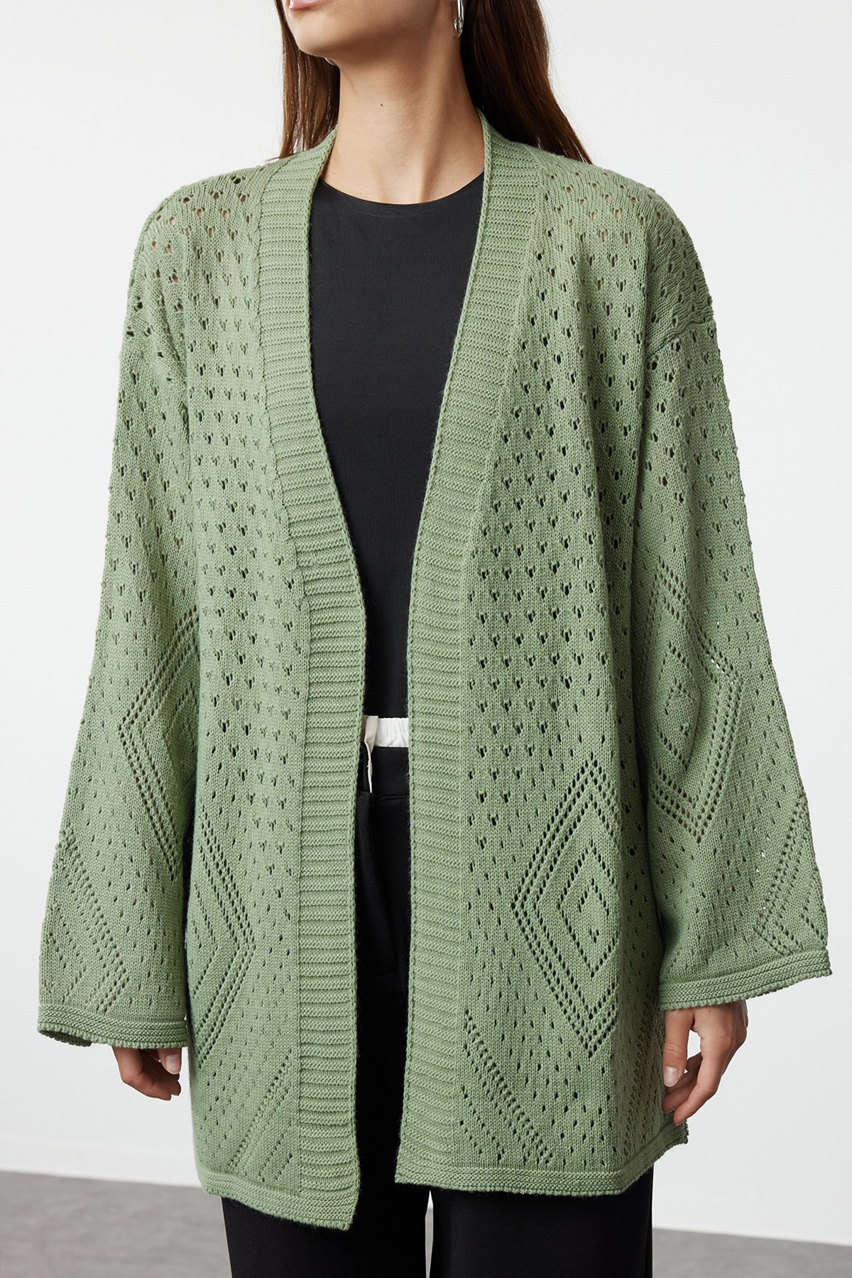 Trendyol Collection-Mintfarbener, durchbrochener/durchbrochener Midi-Strickjacke mit breiter Passform – TWOAW24HI00331 4