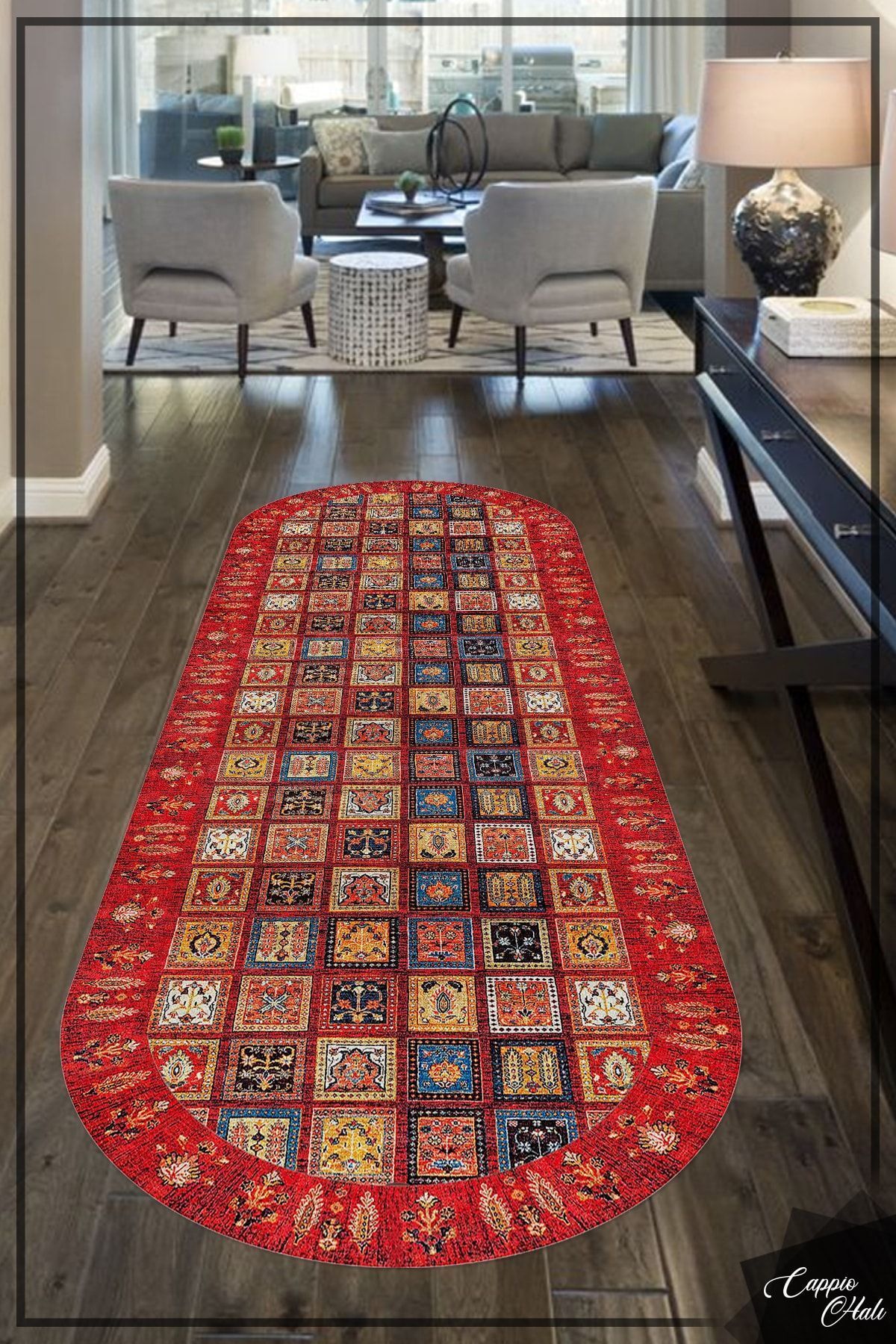 CAPPİO HALI-Red Afghan Patterned Oval Carpet (Non-Slip Leather Base Machine Washable) - Cp650 3