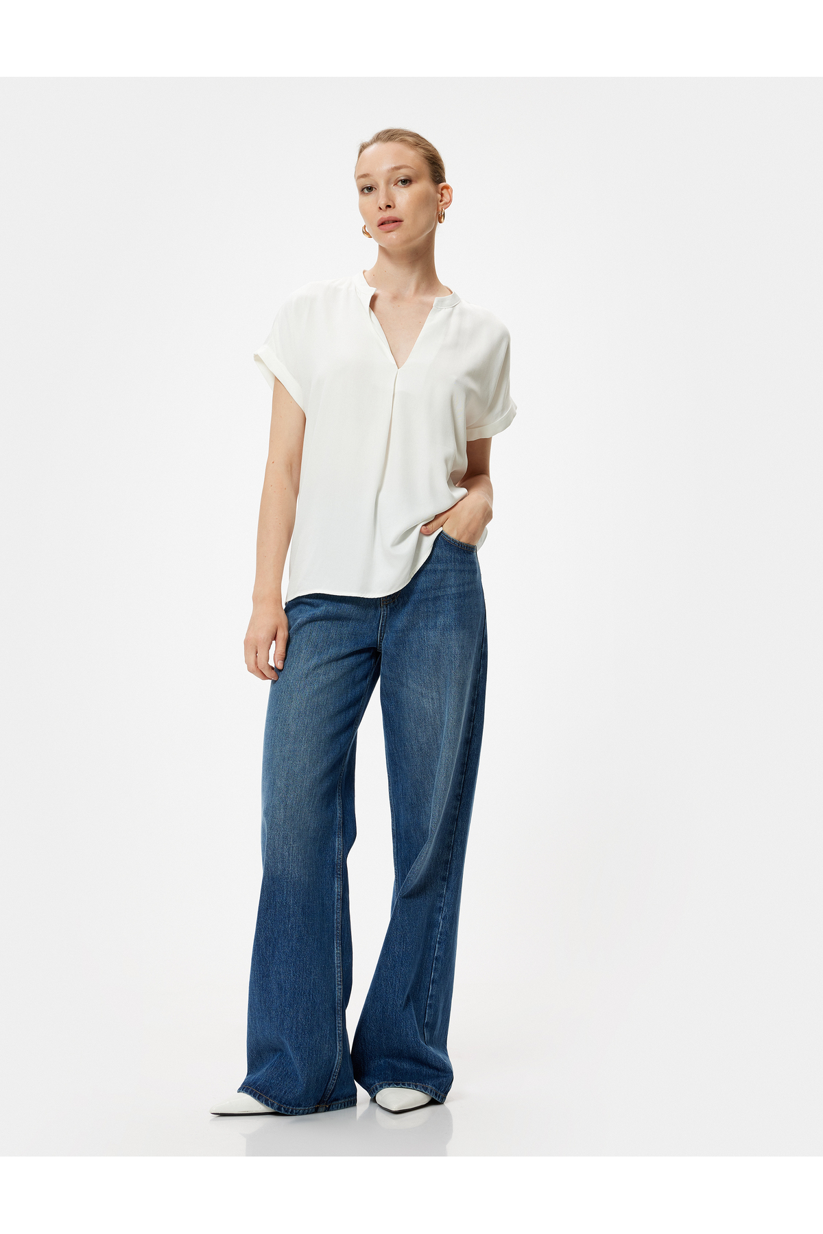 بلوز یقه ماندارین پارچه ای ویسکوز آستین کوتاه