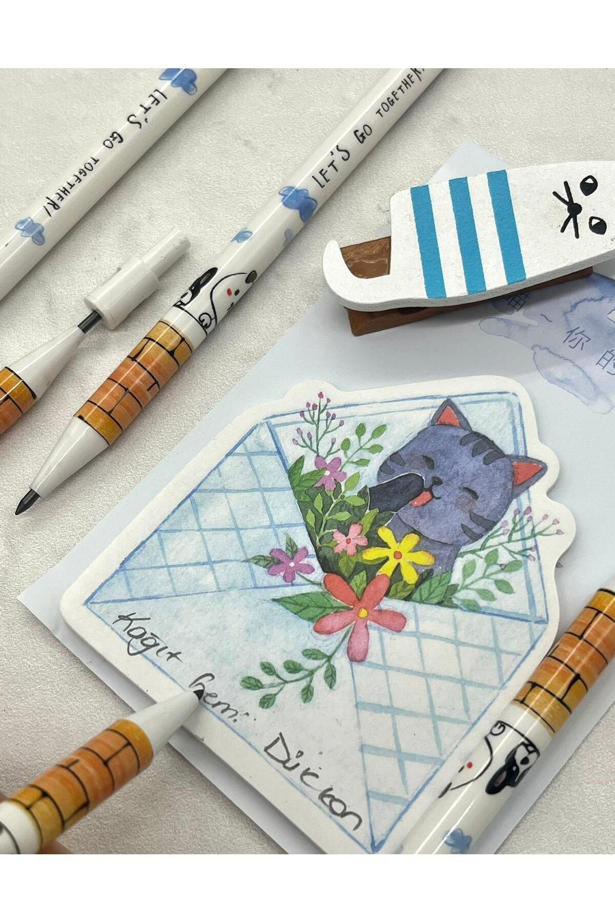 Kağıt Gemi Dükkan-Kawaii White Patterned Thick Nib Pencil with Sharpener 3