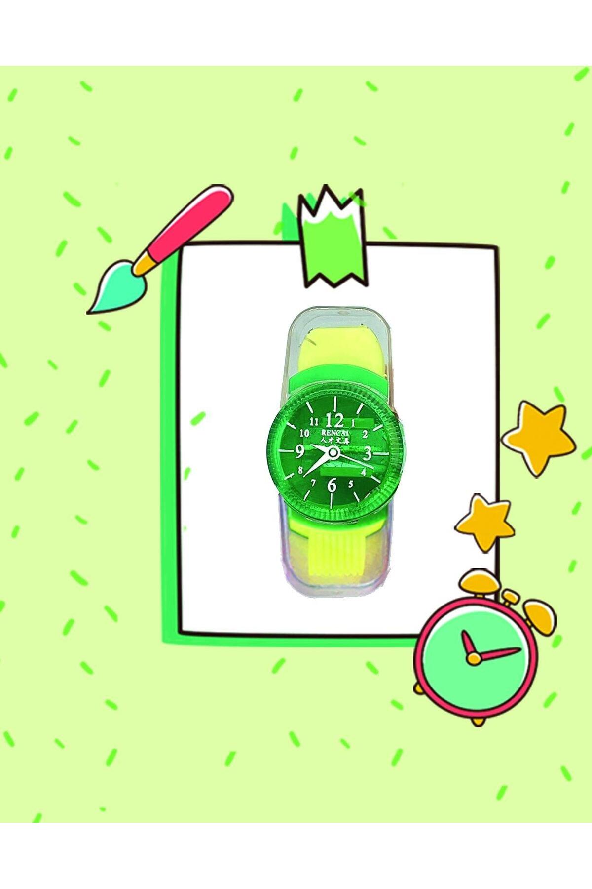 Kağıt Gemi Dükkan Yeşil Saat Görünümlü Kalemtraş Silgi Fırça Üçü Bir Arada