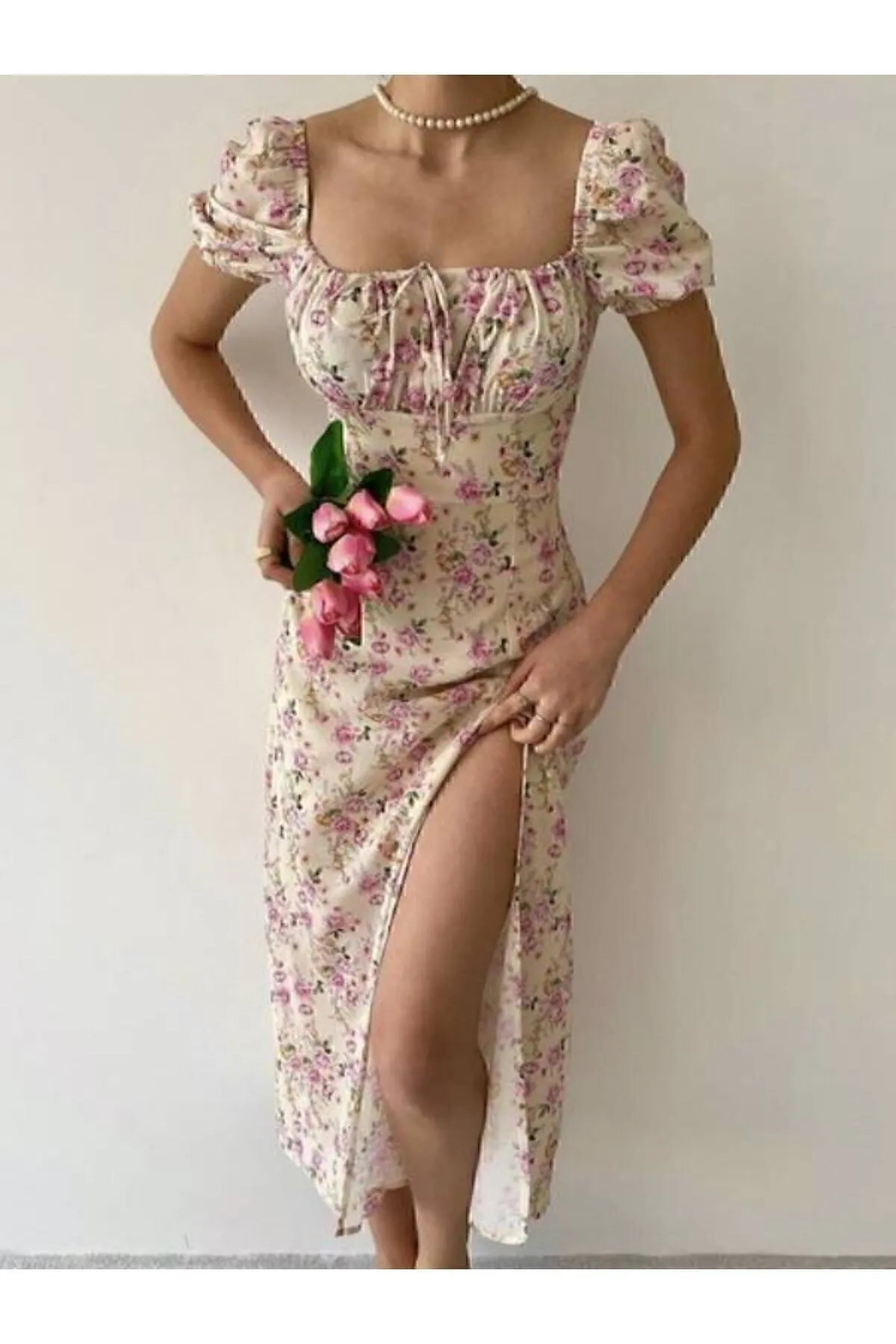 Women's Yellow Multicolor Floral Pattern Square Neck Slit Premium Midi Dress 02