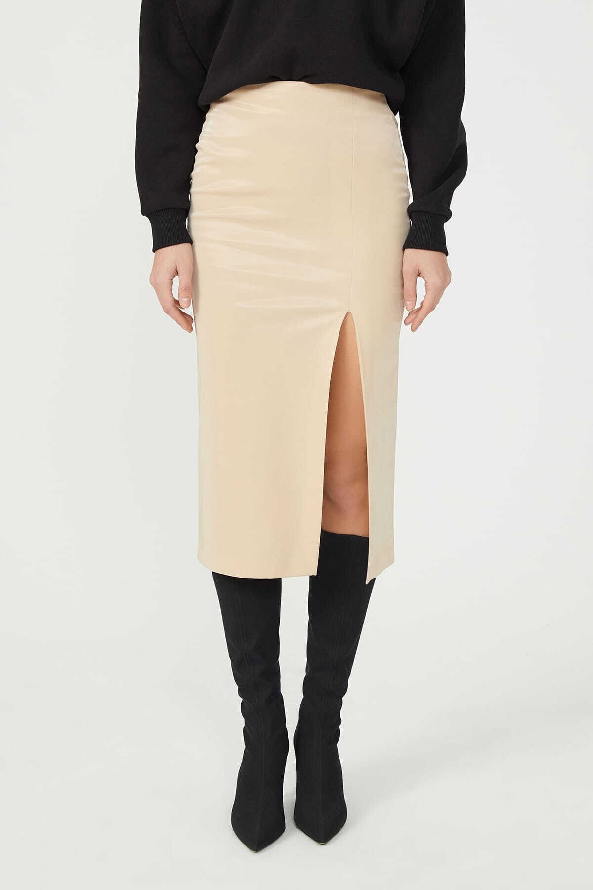 Ecru Raised High Waist Slit Side Zippered Pencil Leather Skirt