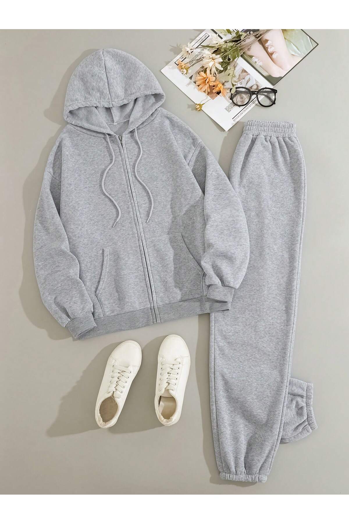 Fermuarlı Eşofman Takımı - Fermuarlı Kapüşonu Sweatshirt & Jogger Eşofman Altı — خاکستری EYAX-TKMFERKPLP02