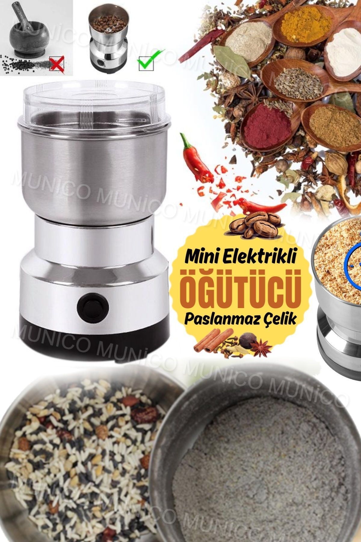 Munico Elektrikli Baharat ve Kahve Öğütücüsü - Paslanmaz Çelik Mini Değirmen Çok Amaçlı Ev Tipi Elektrikli