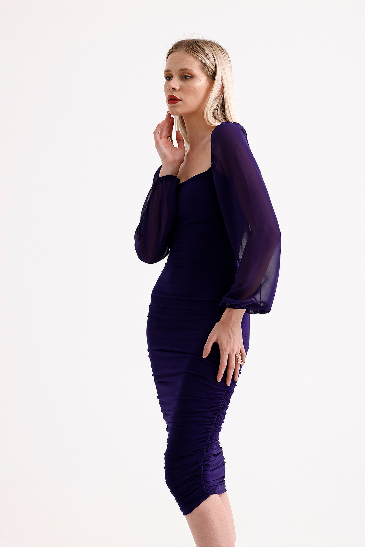 ADASTYLE Drafe Sandy Kare Yaka, Mor Reng Elbise, Kolu Şifon - Fiyatı ...