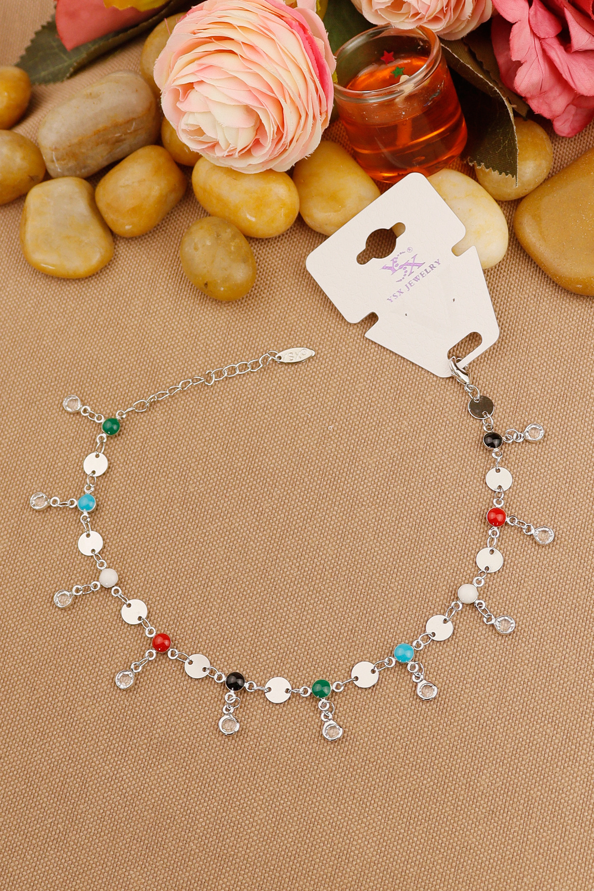 YSX Marka Vip Renkli Kristal Taşlı Pul Model Zincir Halhal Silver 22+4cm Yeni Sezon 5
