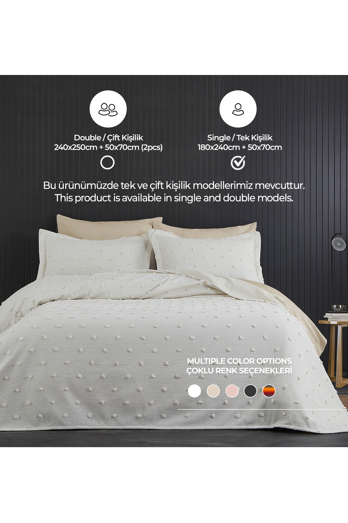Evlen Home Collection Ash Pike Takımı ( Yatak Örtüsü ) Seti Tek Kişilik Pamuklu 2 Parça Yumuşak Günlük Kırık Beyaz Krem 3