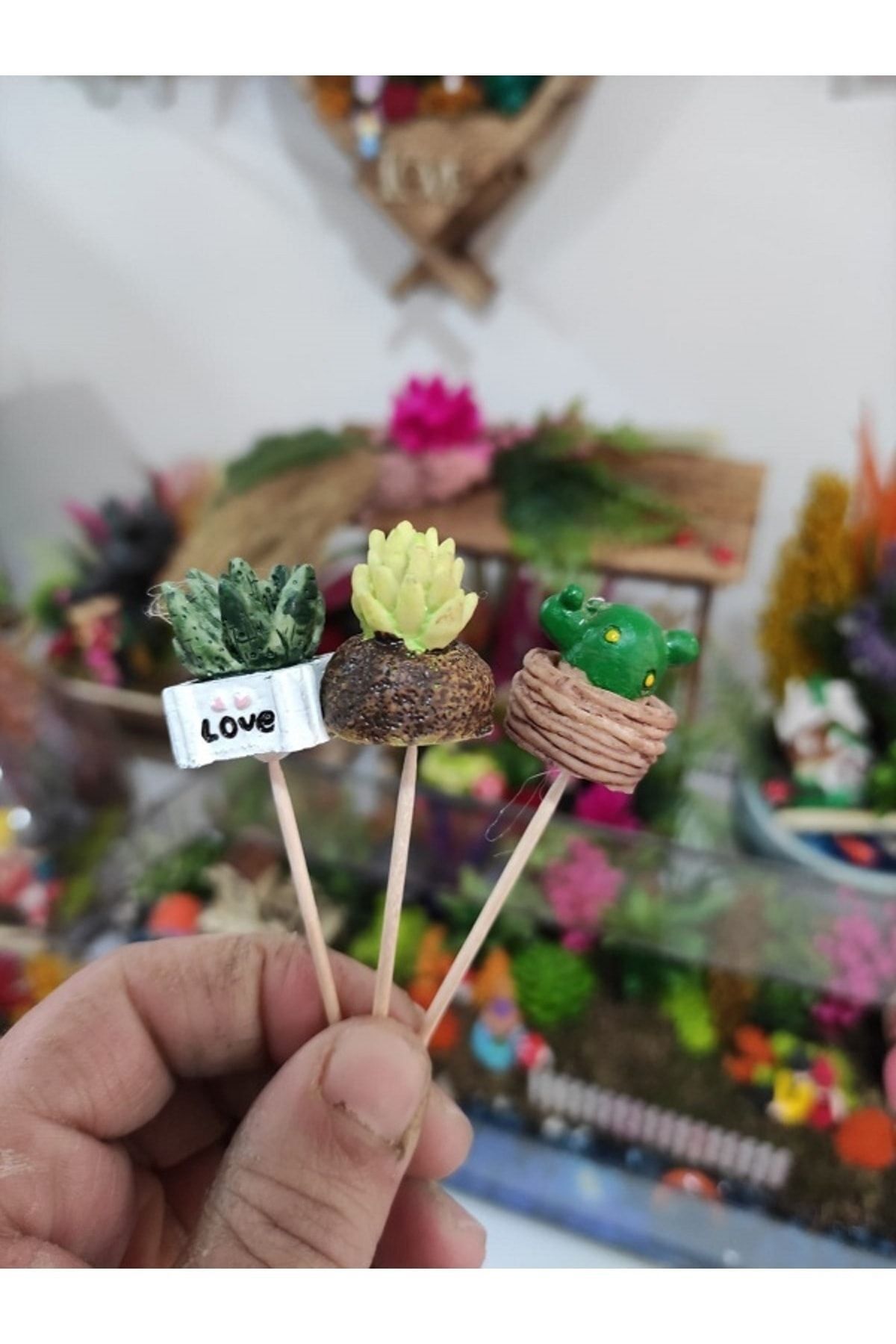 3'lü Kaktüs Maket Kürdanlı Cupcake Pasta Süsü Doğum Günü Süsleri Pasta Kürdanı Kürdan Süsü