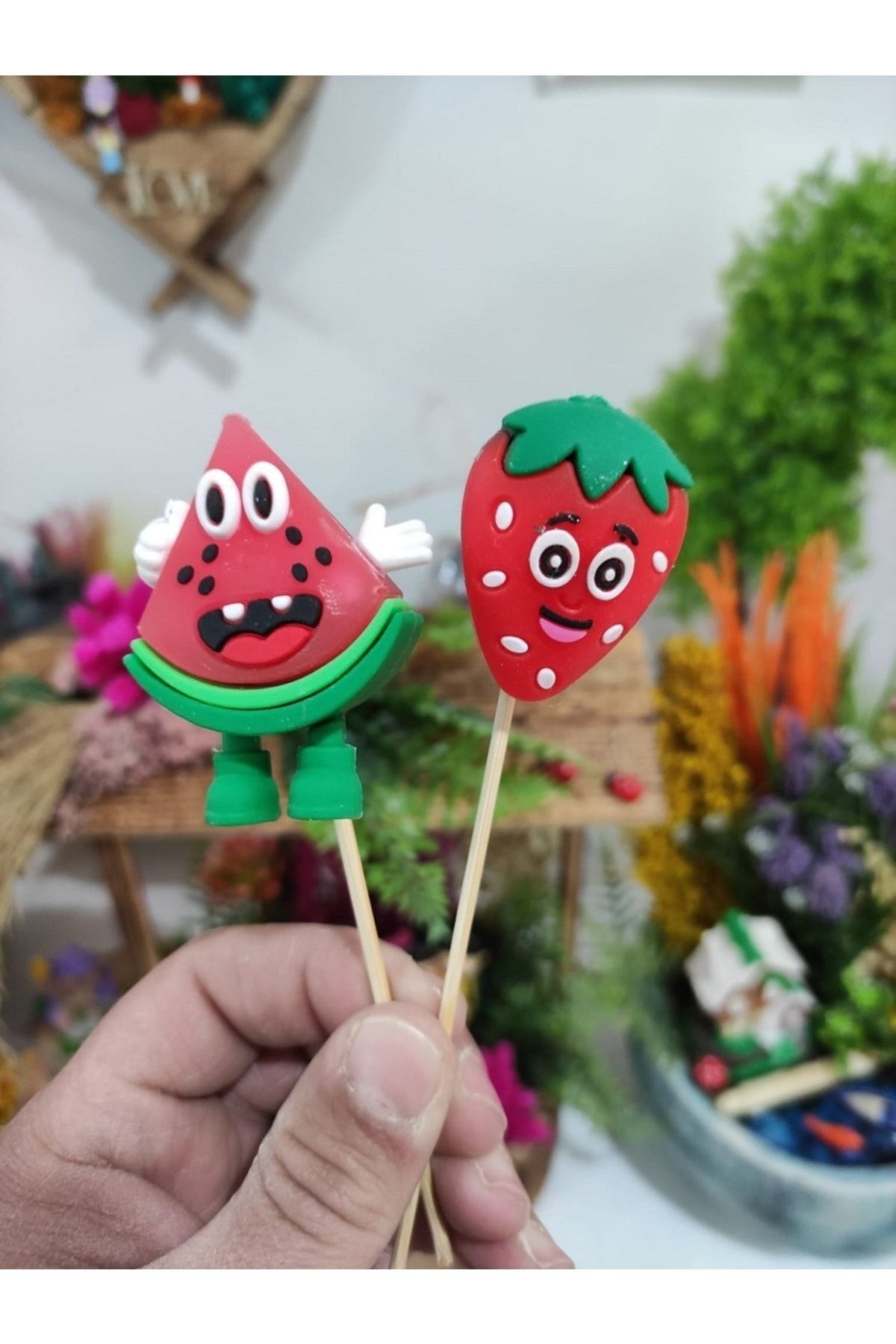 Çilek Ve Karpuz Maket Kürdanlı Cupcake Pasta Süsü Doğum Günü Süsleri Kürdan Süsü