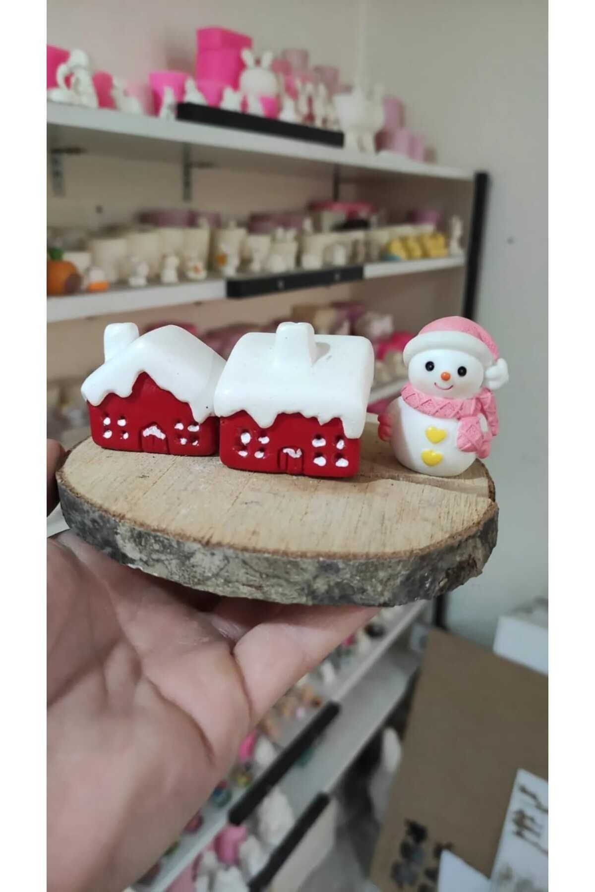 Karlı Evler ve Kardan Adam Teraryum Objeleri Teraryum Süsleri Saksı Süsleri Minyatür Obje