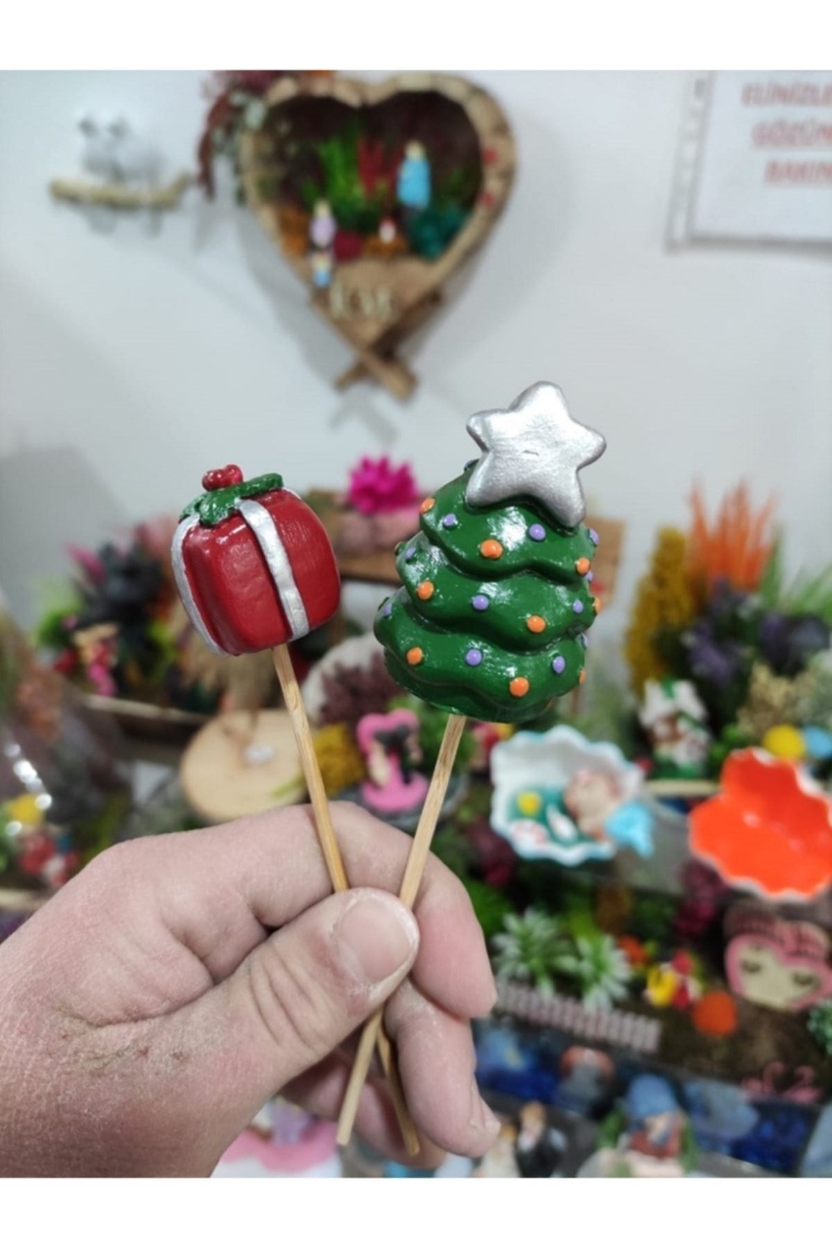 2'li Noel Yılbaşı Saksı Süsü Teraryum Obje Teraryum Diorama Malzemeleri Minyatür Obje