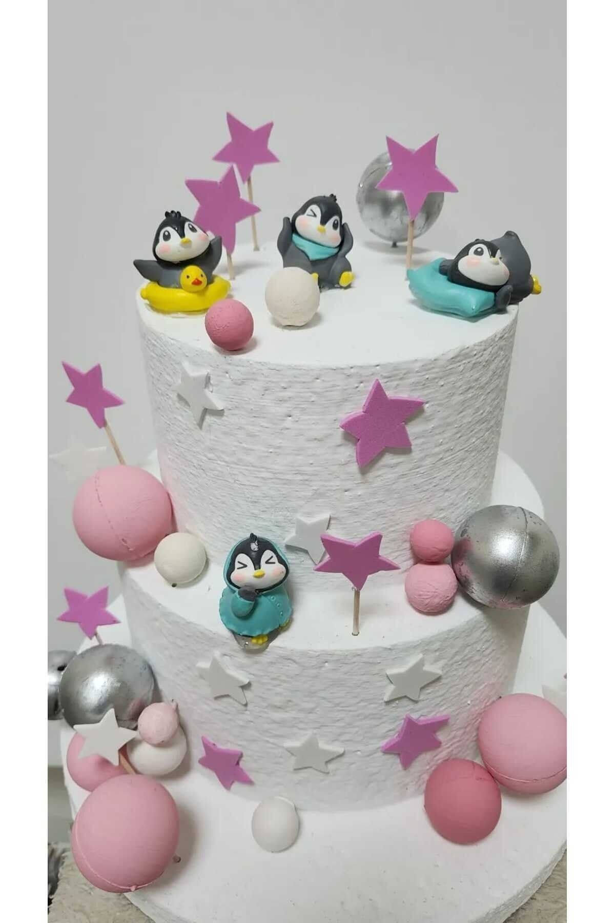 Sevimli Penguenler Maket Kürdanlı Cupcake Pasta Süsü 4 Parça Doğum Günü Süsleri