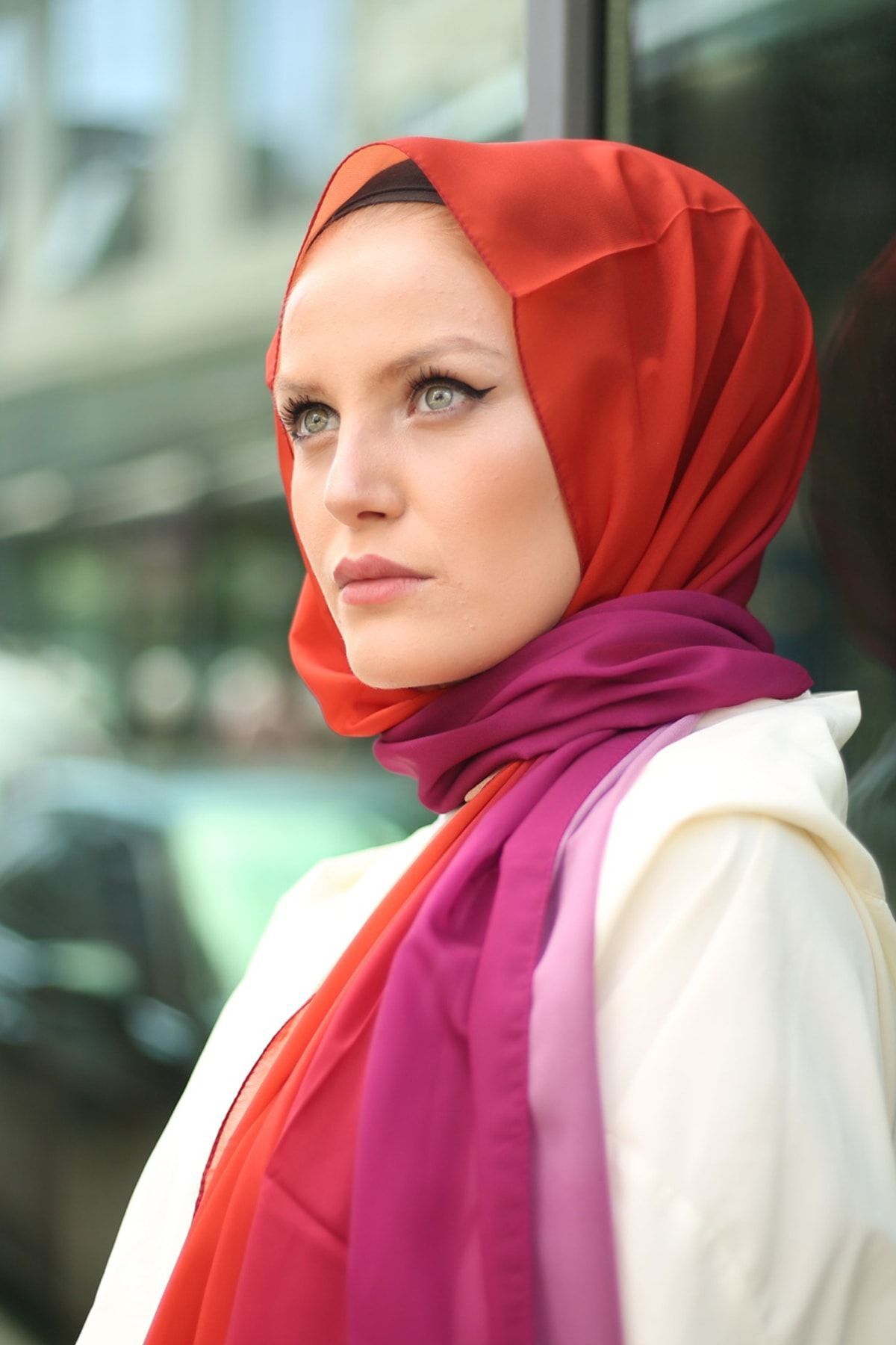 Stella-Gradient Pattern Shawl Orange Pink 2