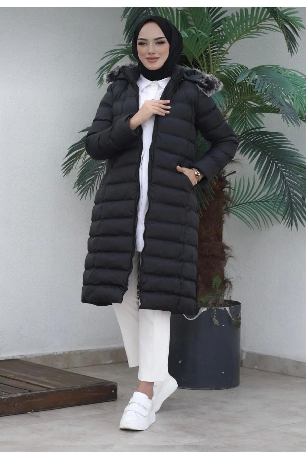 moda armanc Kürklü Yakalı Uzun Şişme Mont