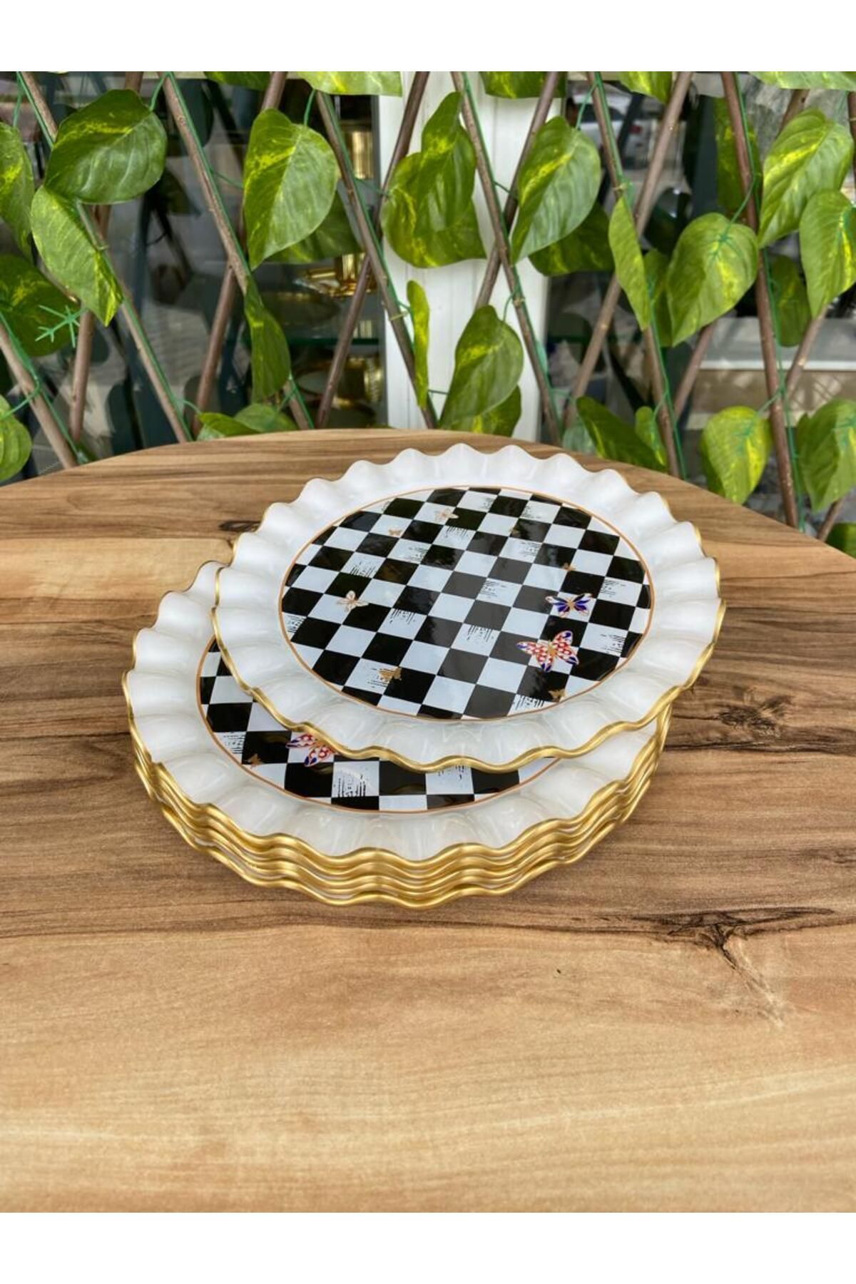 Damalı model altın 6 prç pasta tabağı