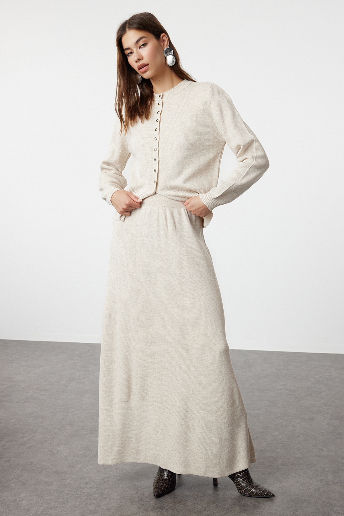 Trendyol Modest Knitwear Cardigan and Skirt Set - Stone Button Detailed TCTAW25US00014