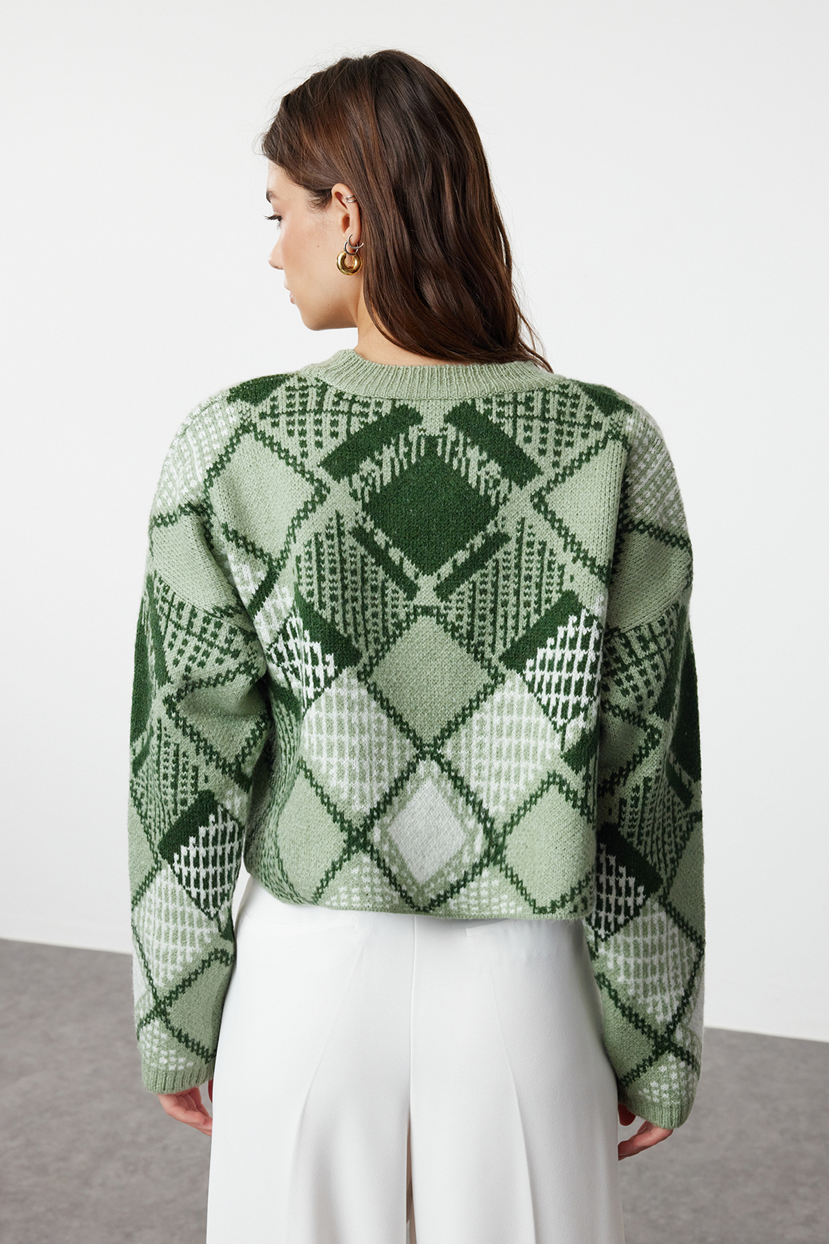 Trendyolmilla  Mint Geniş Kalıp Crop Baklava Desenli Triko Kazak TWOAW24KZ01126 - Görsel 5