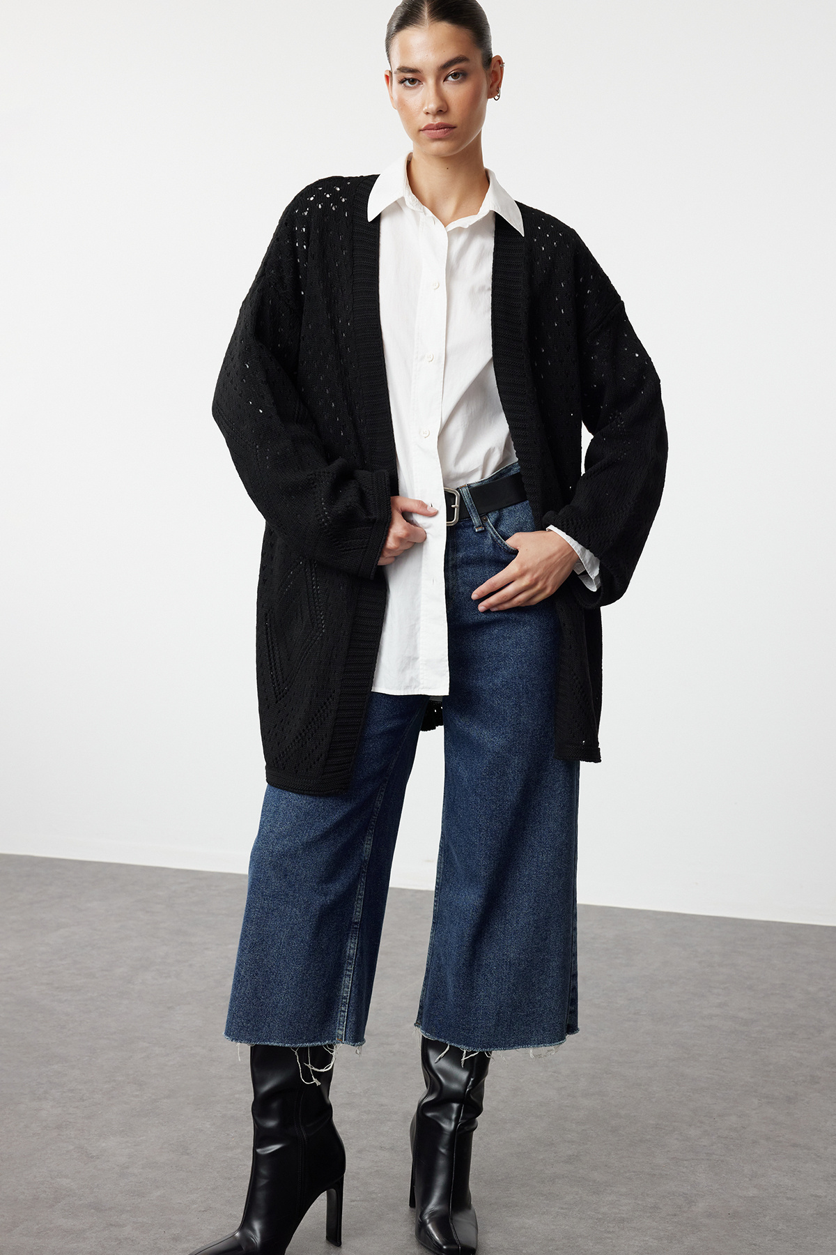 Trendyol Collection-Wide Fit Black Knitwear Midi Cardigan - Openwork and Perforated Twoaw24Hi00331 1