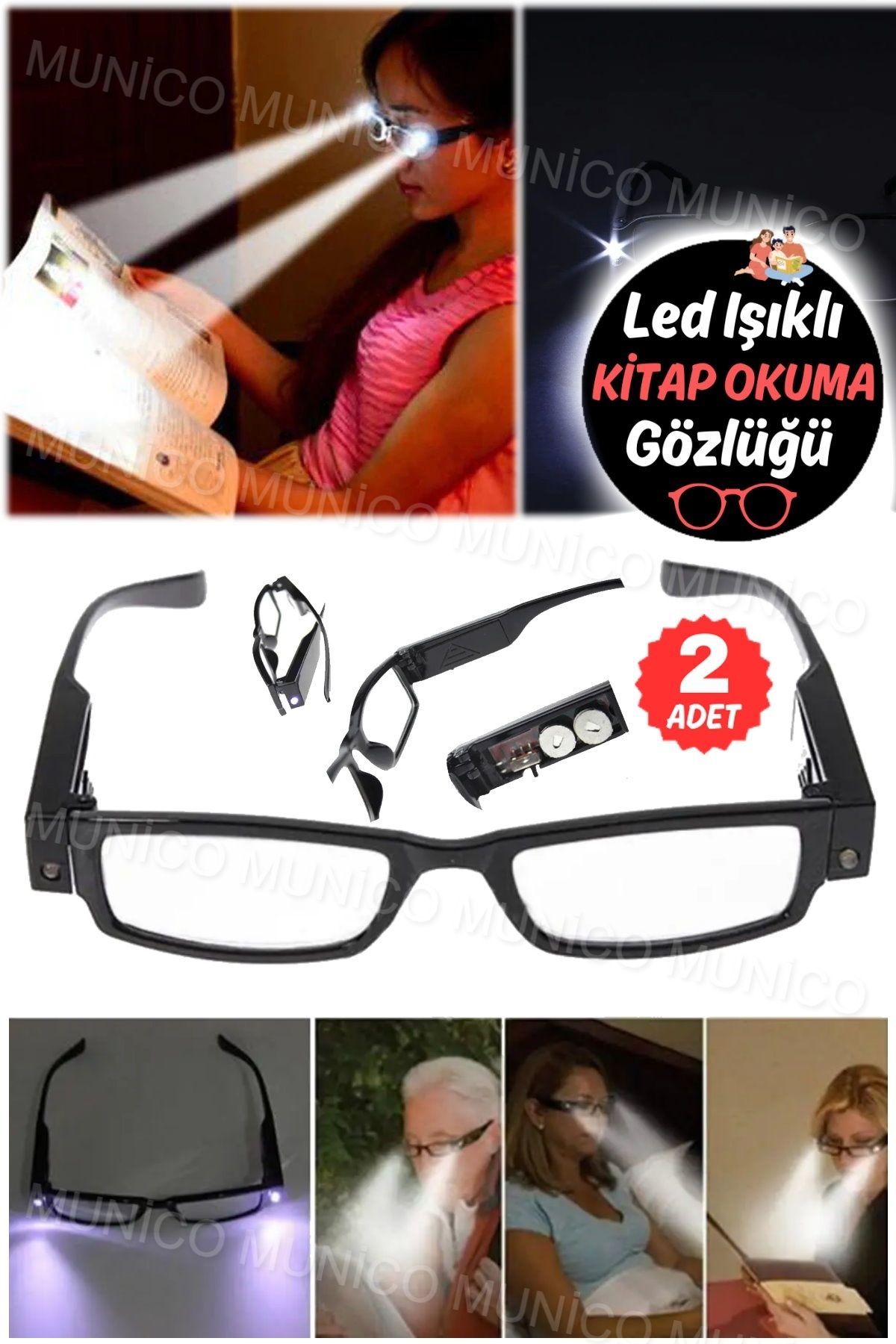 Munico 2 Adet Unisex Çerçeveli Okuma Gözlüğü Gözlük LED Işık Karanlık Aydınlatıcı Gündelik Kullanım Şık