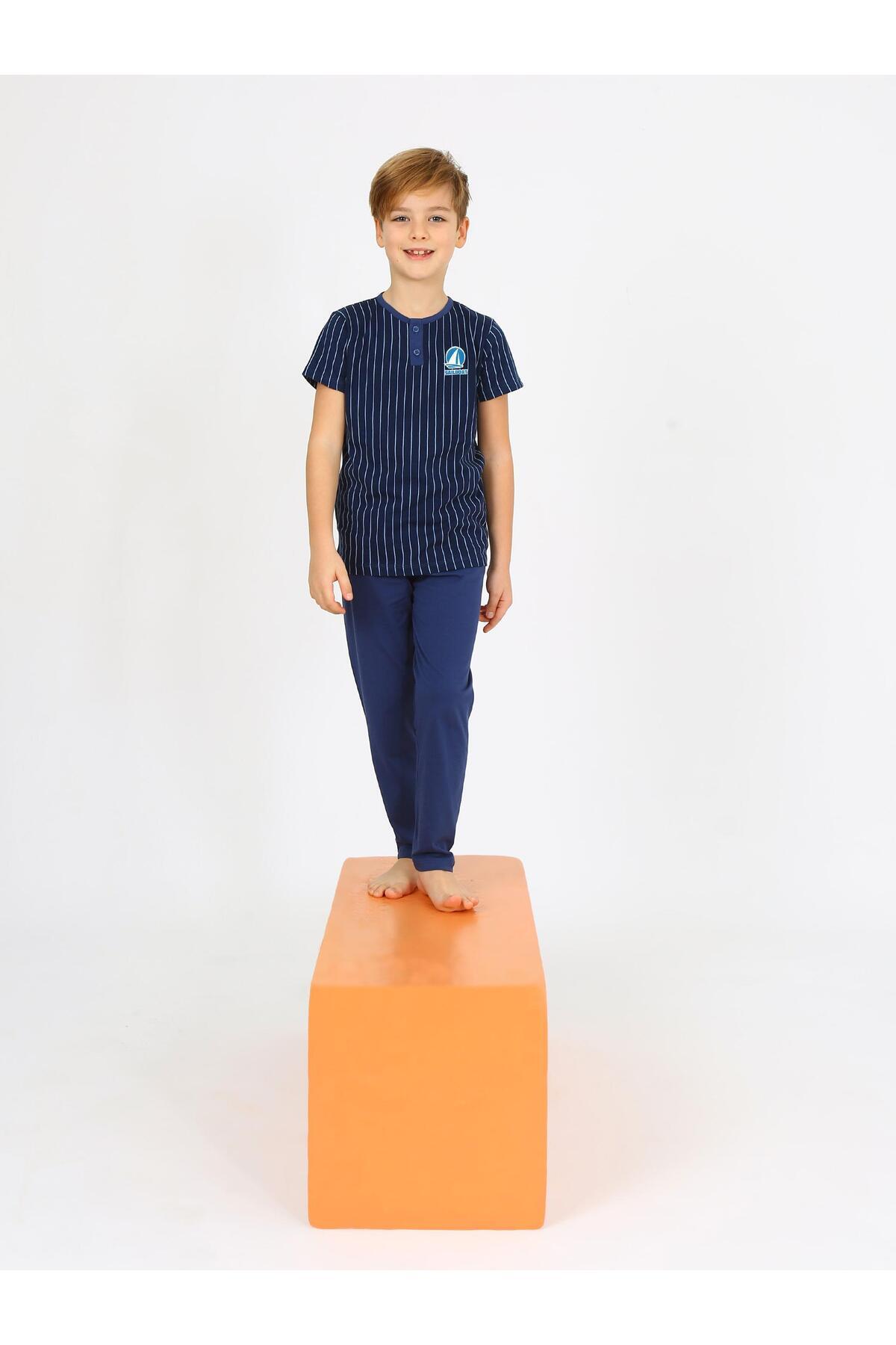 vitmo Erkek Çocuk Kısa Kollu %100 Pamuklu Düğme Detaylı Sailboat Pijama Takımı fotoğrafı 4 (önizleme)