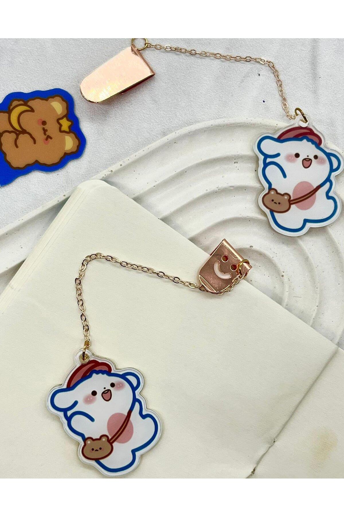 Kağıt Gemi Dükkan Zincirli Sevimli Mavi Kenarlı Ayı Kitap Ayracı