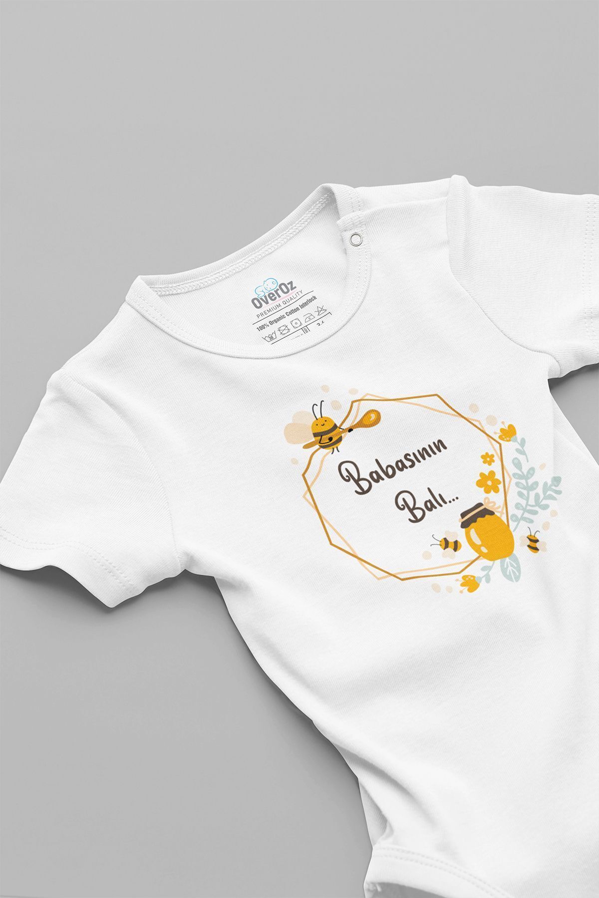  بادی نوزادی طرح عسلی ۱۰۰٪ پنبه ارگانیک بابا، آستین کوتاه دکمه‌دار، کد ۵۱۵۷