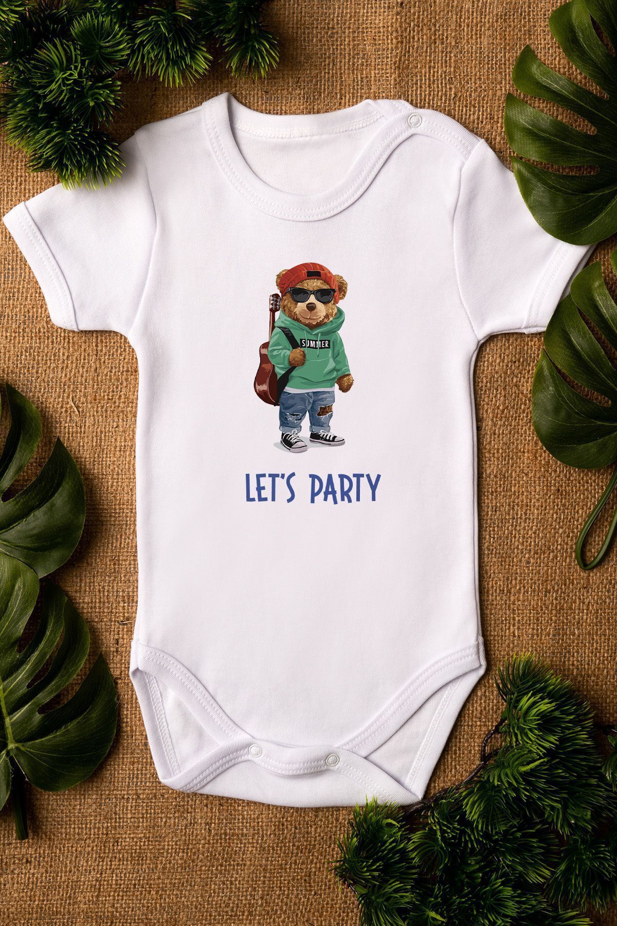 Organic 100% Cotton Teddy Bear Let's Party Printed Baby Body Short Sleeve Snap Fastener Snapsuit 5221