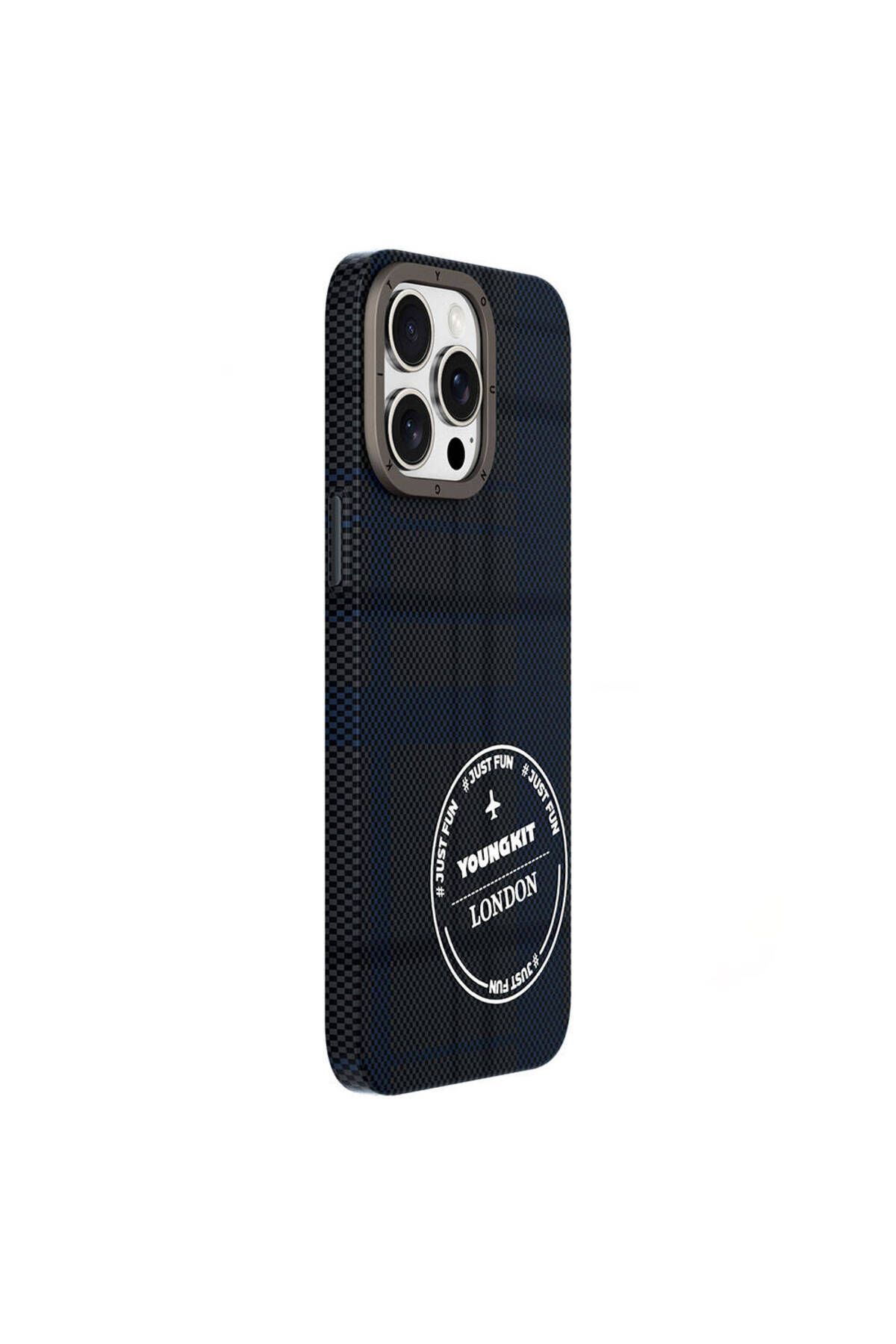 iPhone 15 Pro Max Kılıf Ekose Desenli Youngkit Gezhi Serisi Kapak Mavi