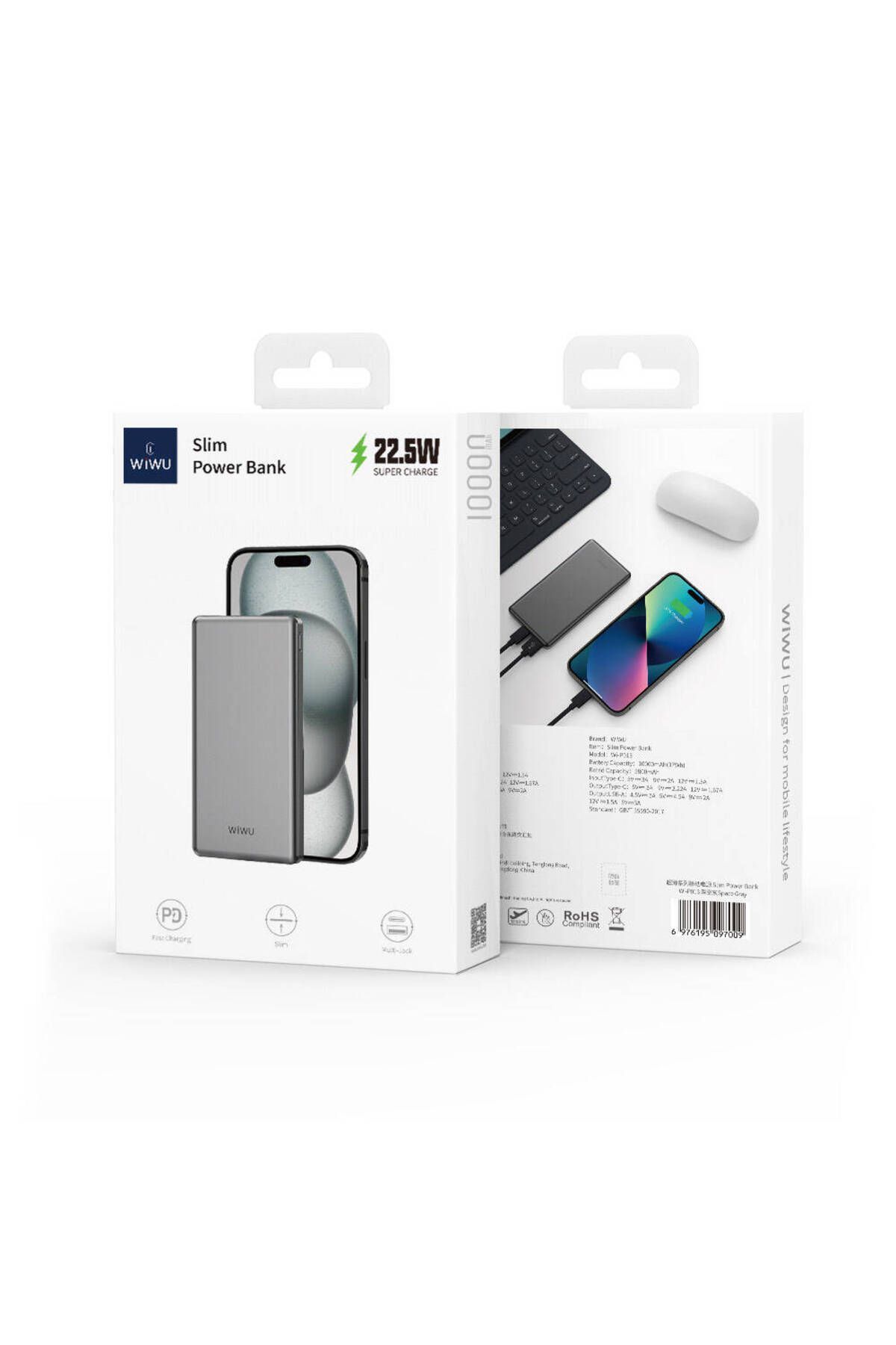 Ultra İnce Taşınabilir Powerbank Wiwu Wi-P013 Slim Serisi LED Işık Göstergeli 10000mAh 22.5W Gri 5