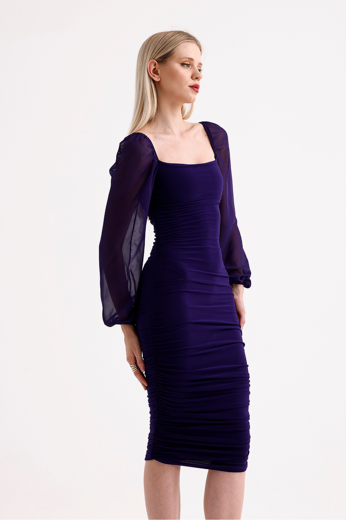 ADASTYLE Drafe Sandy Kare Yaka, Mor Reng Elbise, Kolu Şifon Fiyatı ...