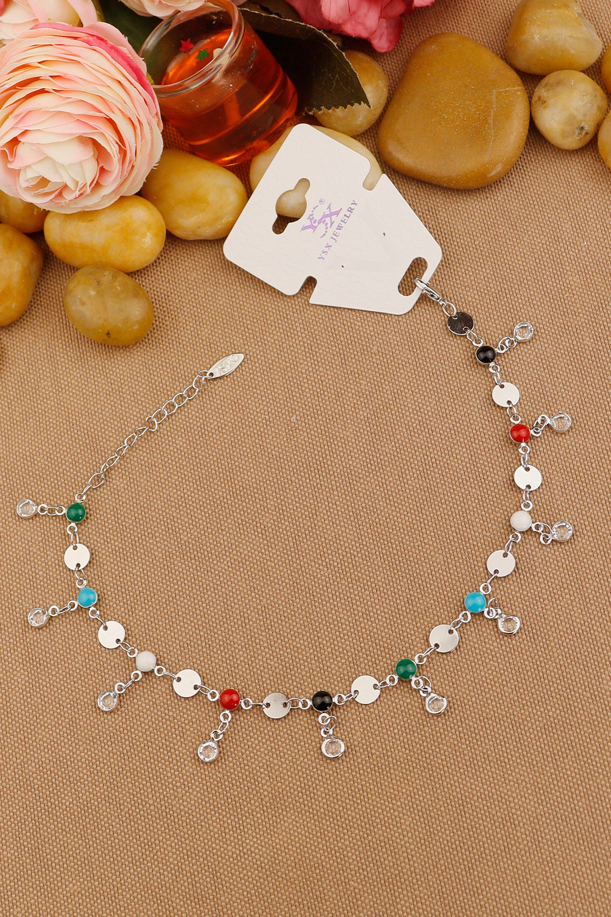 YSX Marka Vip Renkli Kristal Taşlı Pul Model Zincir Halhal Silver 22+4cm Yeni Sezon 4