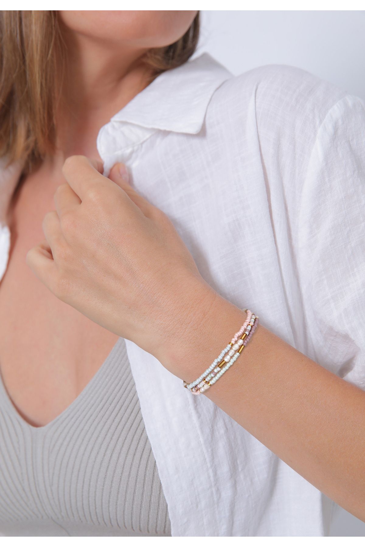 ELLI-925 Silbernes Sußwasserzuchtperlen-Armband – 3 Reihig Glas 4