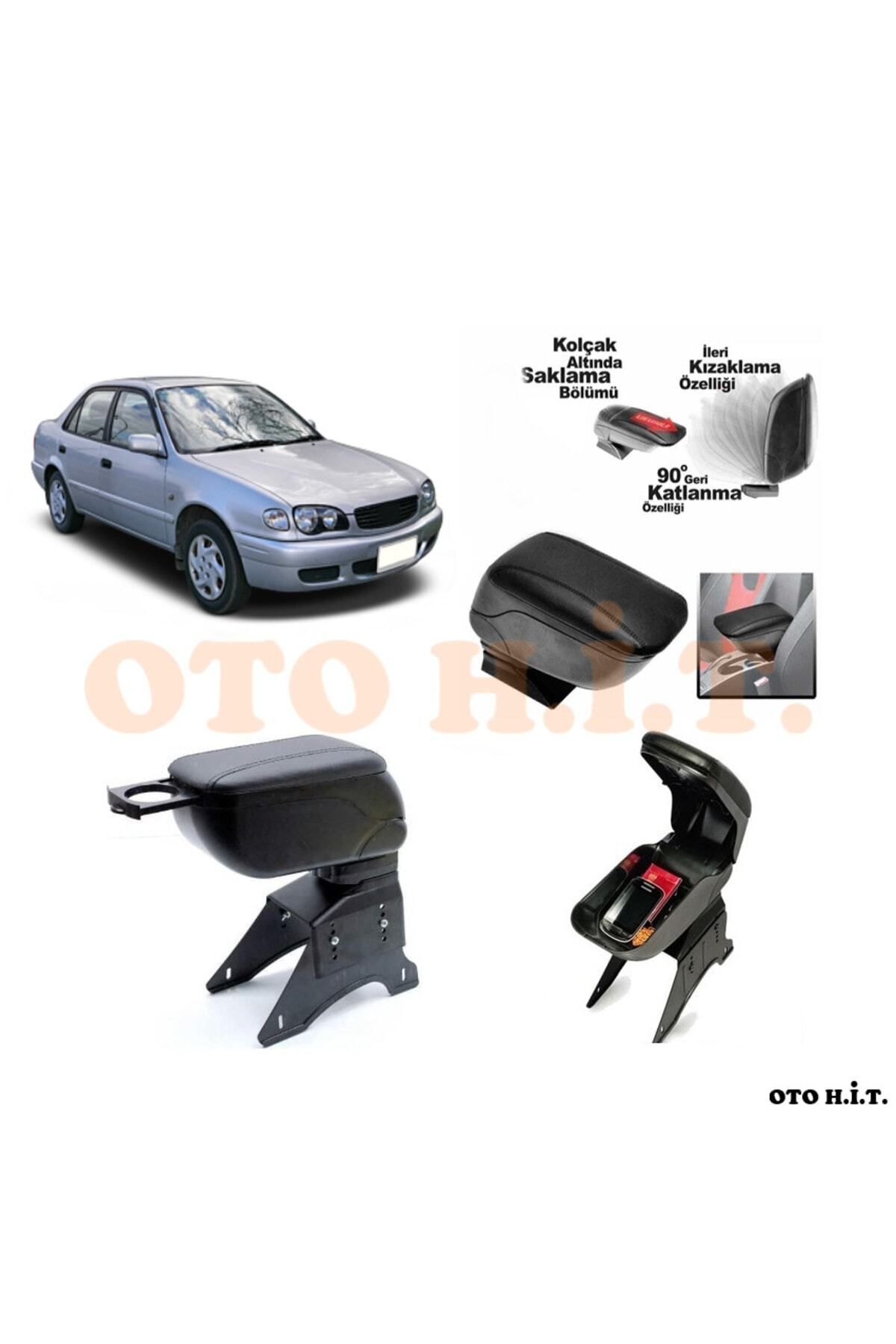 OTO H.İ.T. Toyota Corolla 2000-2002 Uyumlu Kol Dayama Ve Kolçak Sürgülü Bardaklıklı Ayarlanabilir Siyah Deri