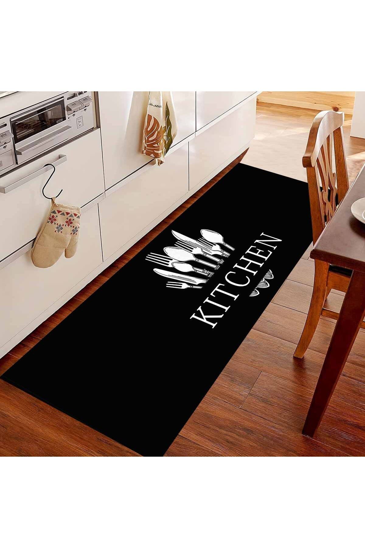 Else Halı Kitchen Çatal Bıçak Desenli Tezgah Önü Kaymaz Taban Yıkanabilir Yolluk Mutfak Halısı