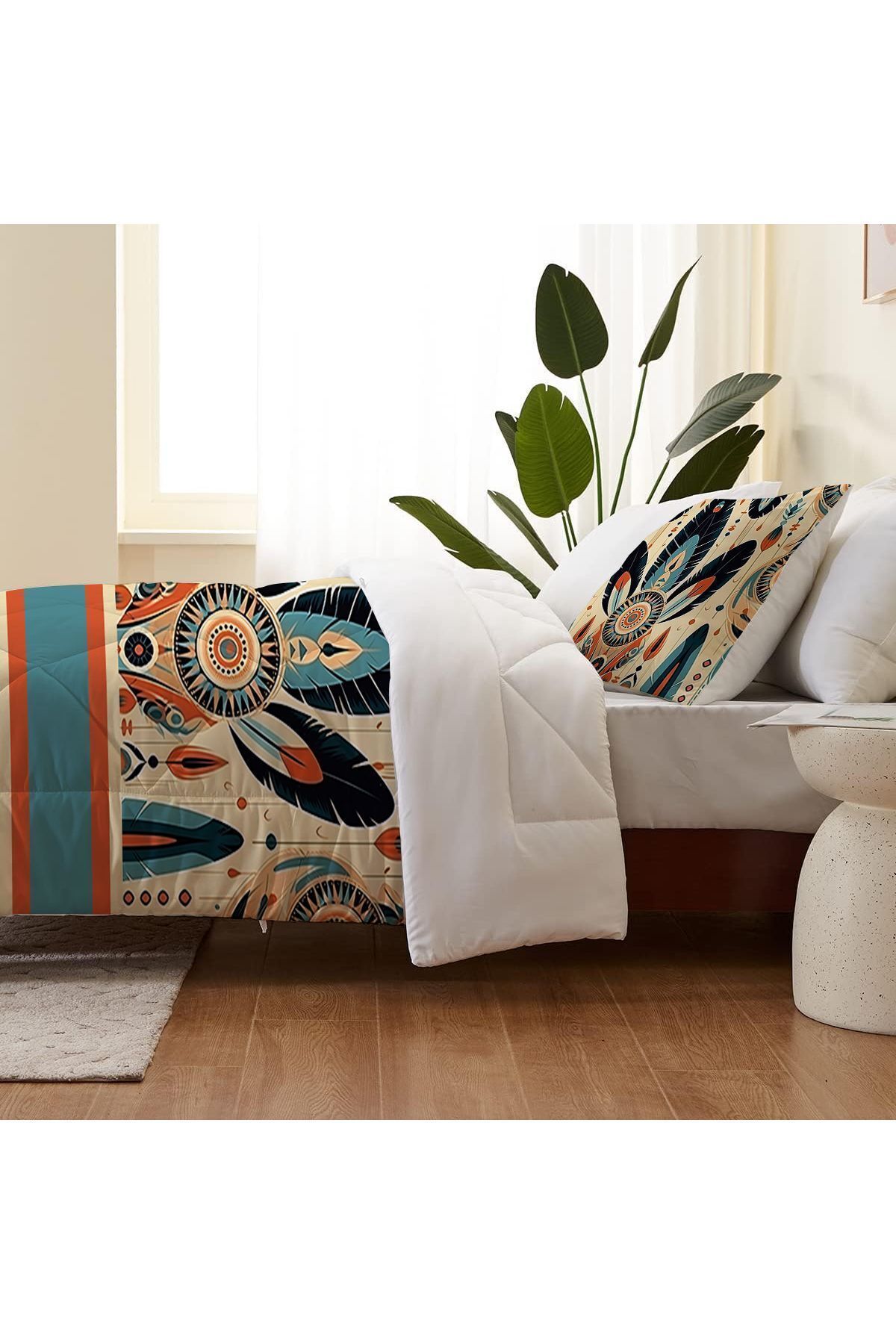 3D ELSE HALI-Double Colorful Feathers Patterned Microfiber Quilted Sleeping Set - Quilt and Pillow 3