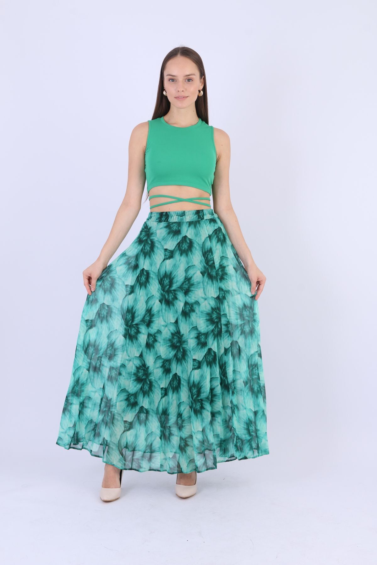 sehatex-Elastic Waist Lined Pleated Chiffon Skirt Qys 4