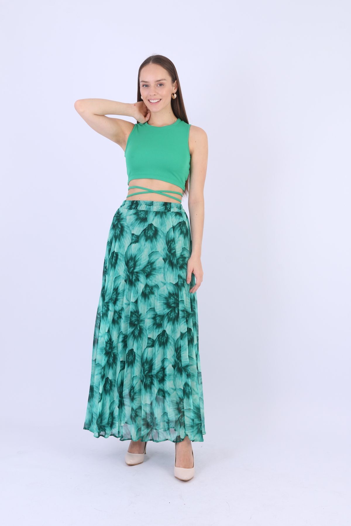 sehatex-Elastic Waist Lined Pleated Chiffon Skirt Qys 3