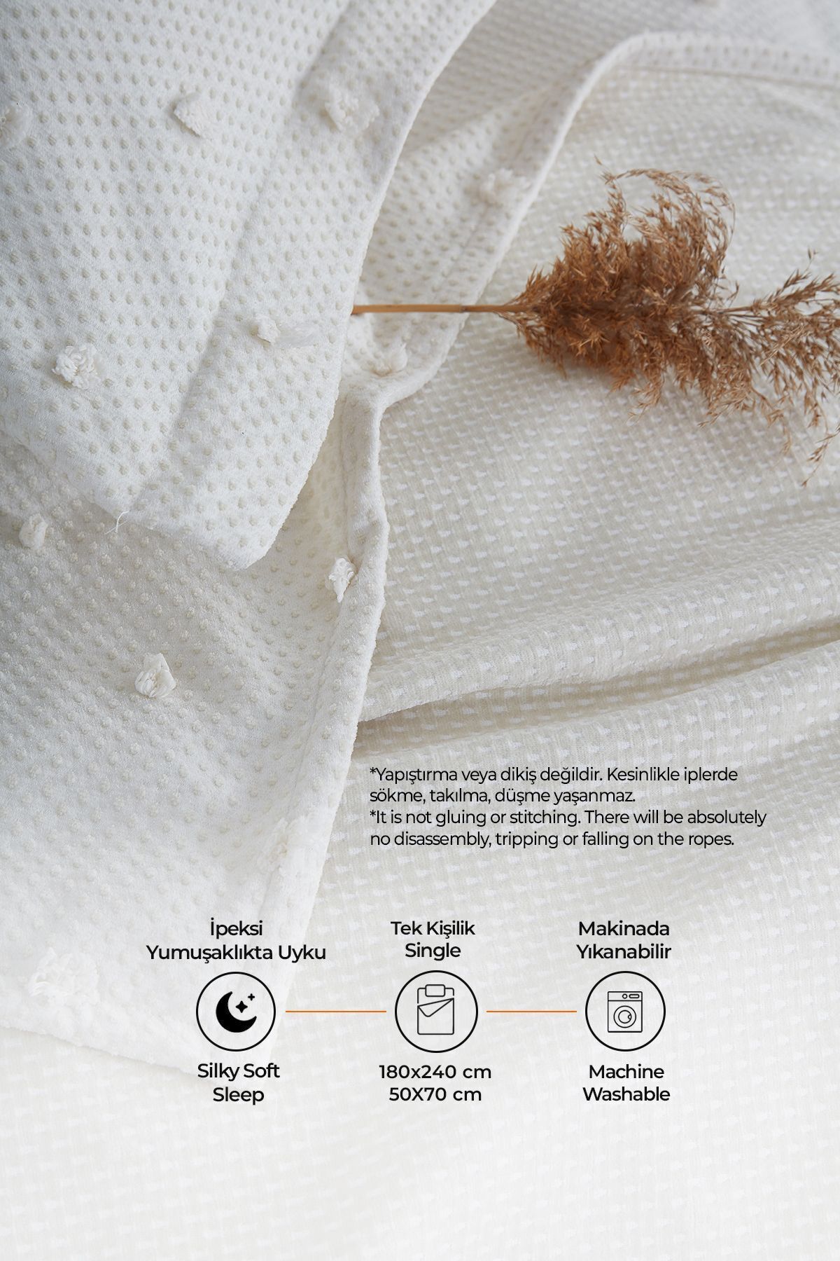 Evlen Home Collection Ash Pike Takımı ( Yatak Örtüsü ) Seti Tek Kişilik Pamuklu 2 Parça Yumuşak Günlük Kırık Beyaz Krem 2