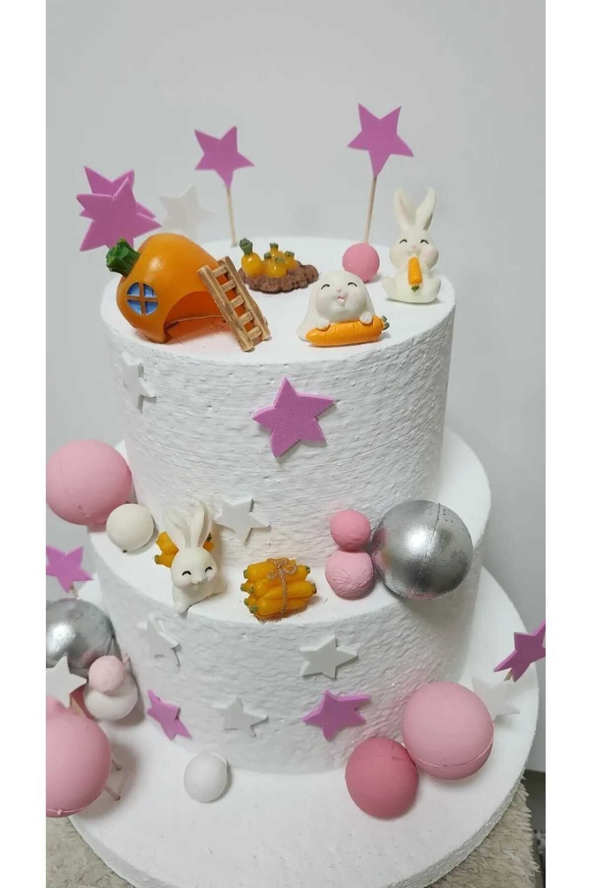Sevimli Tavşanlar Maket Kürdanlı Cupcake Pasta Süsü 7 Parça Doğum Günü Süsleri