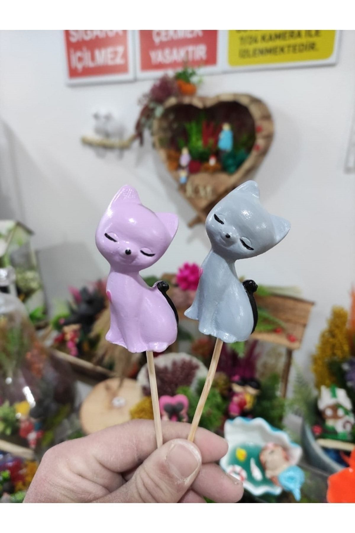 2'li Kedi Maket Kürdanlı Cupcake Pasta Süsü Doğum Günü Süsleri Kürdan Süsü