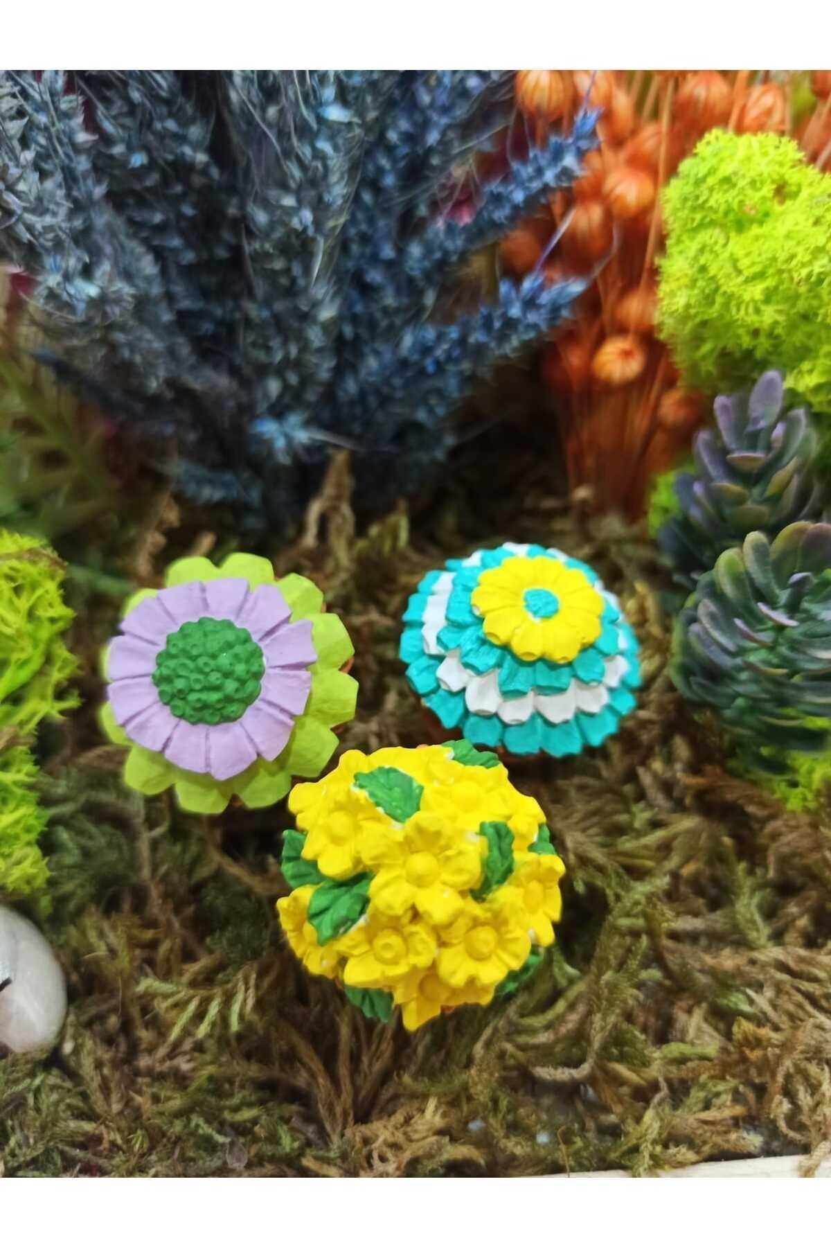 3'lü Çiçekler Maket Kürdanlı Cupcake Pasta Süsü Doğum Günü Süsleri Kürdan Süsü
