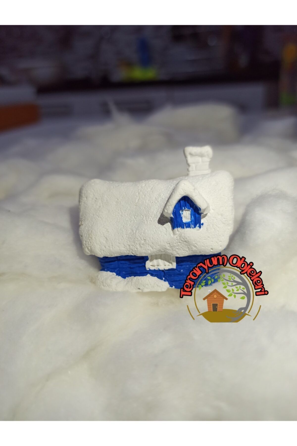 Mavi Karlı Ev Teraryum Obje Minyatür Obje Teraryum Diorama Malzemeleri