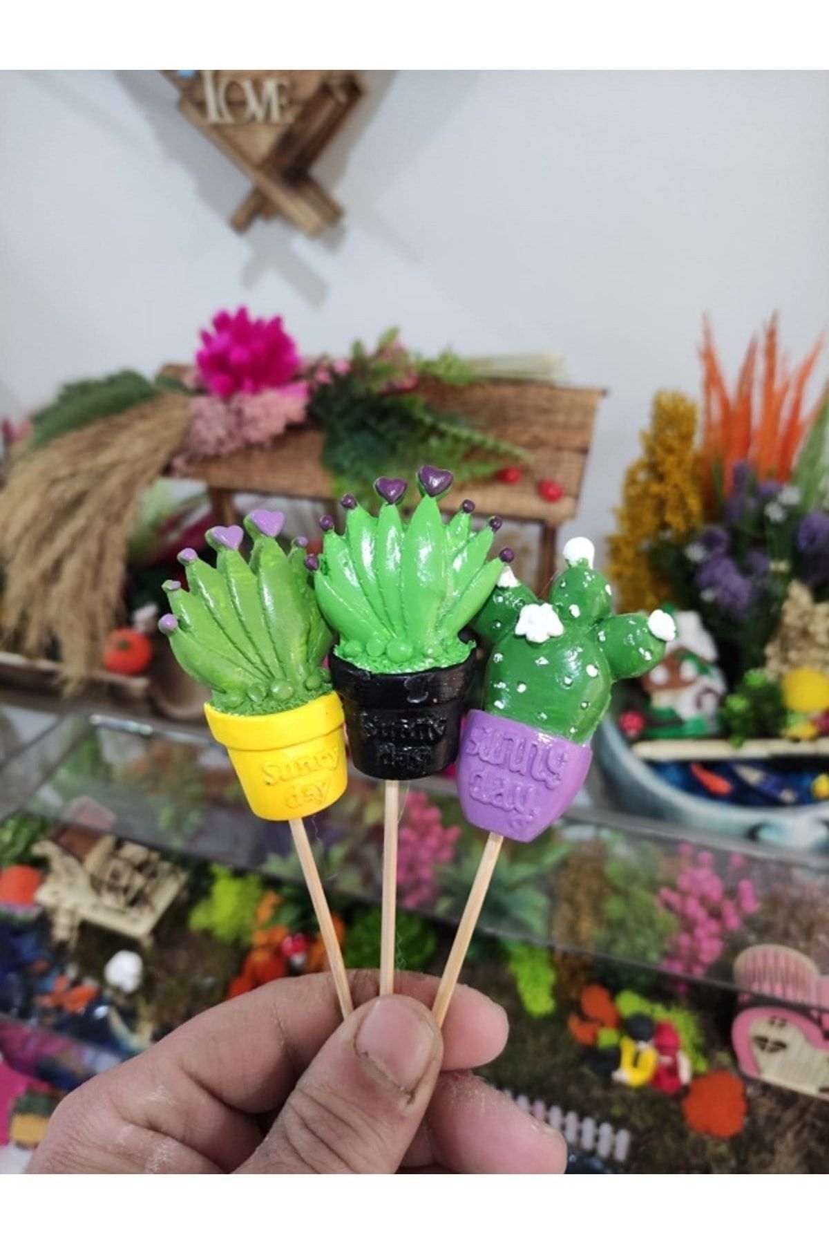 3'lü Kaktüs Maket Kürdanlı Cupcake Pasta Süsü Doğum Günü Süsleri Kürdan Süsü