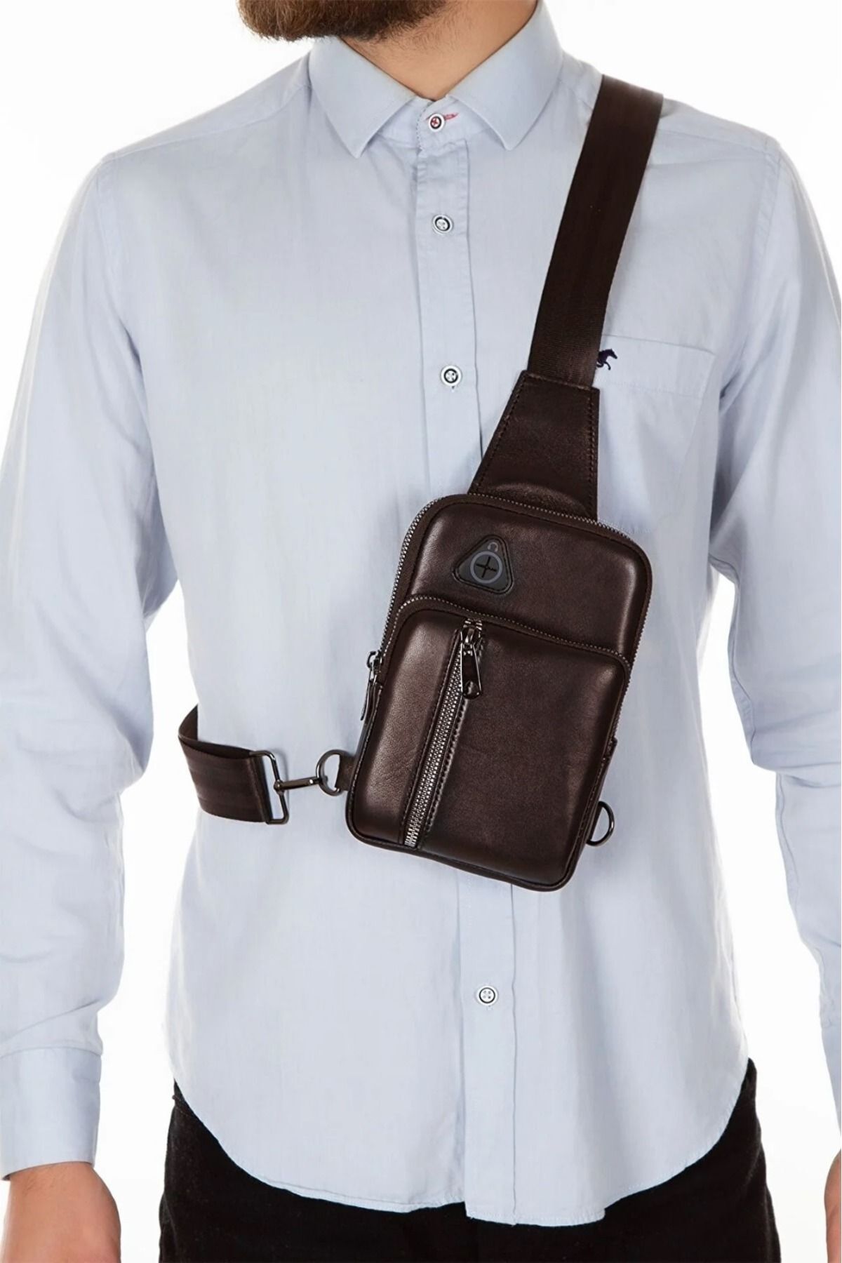 CERFF LEATHER CLUP Geantă De Umăr Încrucișată Din Piele Naturală Pentru Bărbați Cu Compartiment Pentru Telefon Și Priză Pentru Căști Unisex - One Size